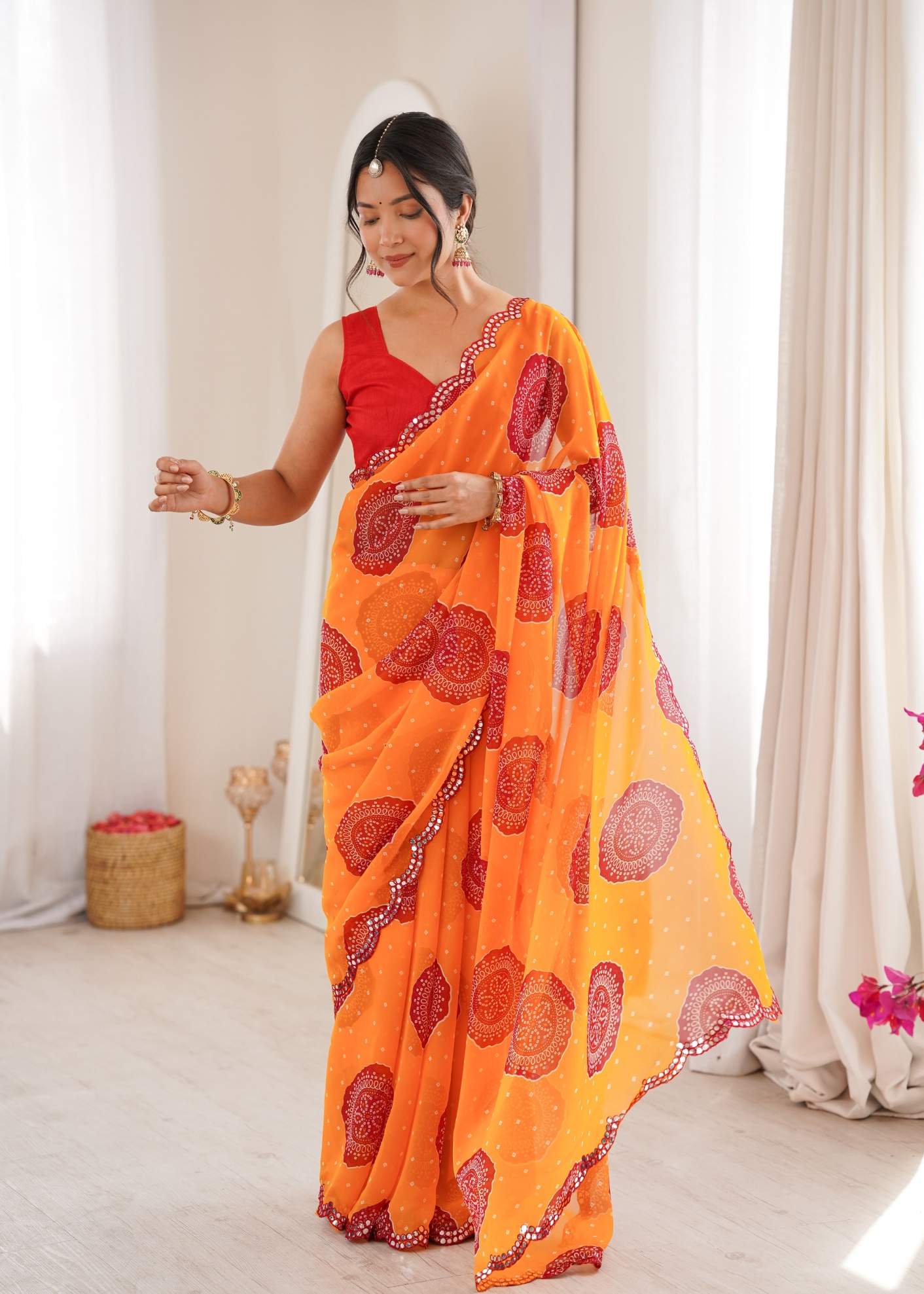 Orange Bandhani Printed Georgette Saree
