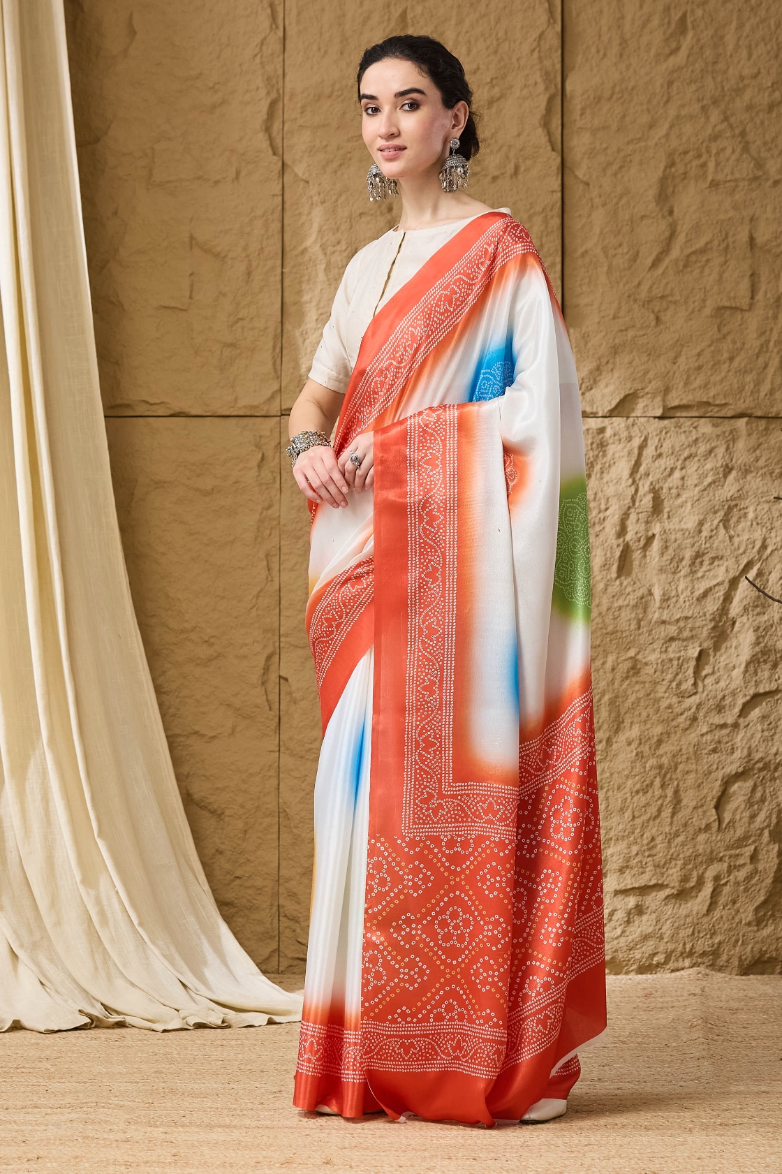 Orange Bandhani Printed Satin Ready To Wear Saree