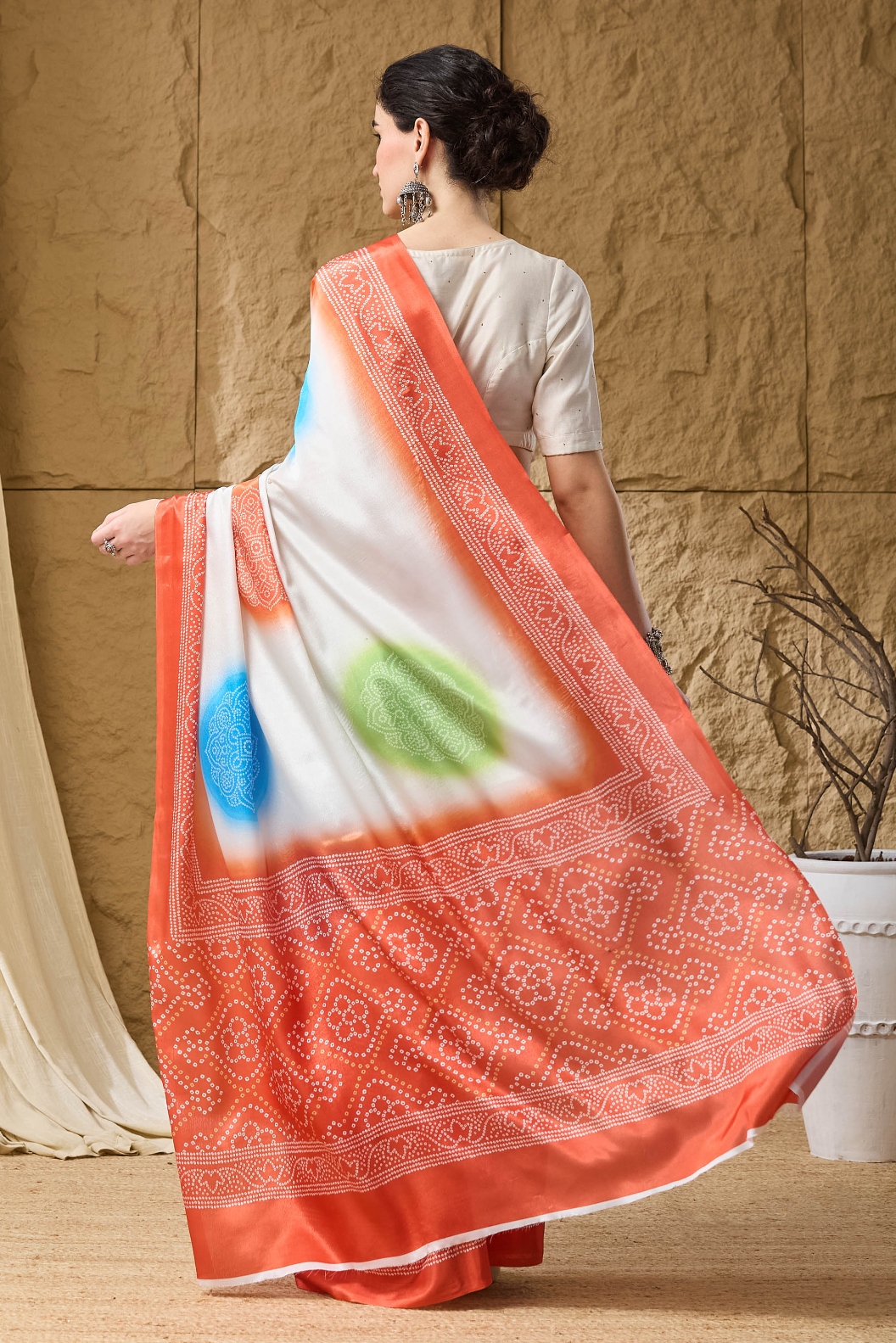 Orange Bandhani Printed Satin Ready To Wear Saree — alternate view