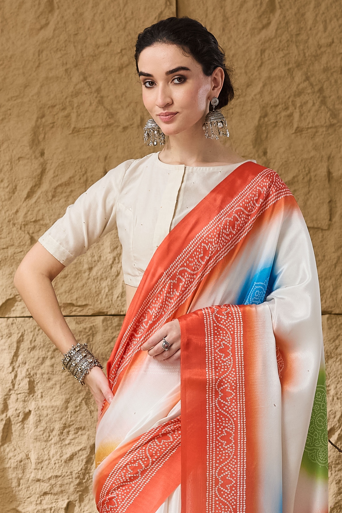 Orange Bandhani Printed Satin Ready To Wear Saree