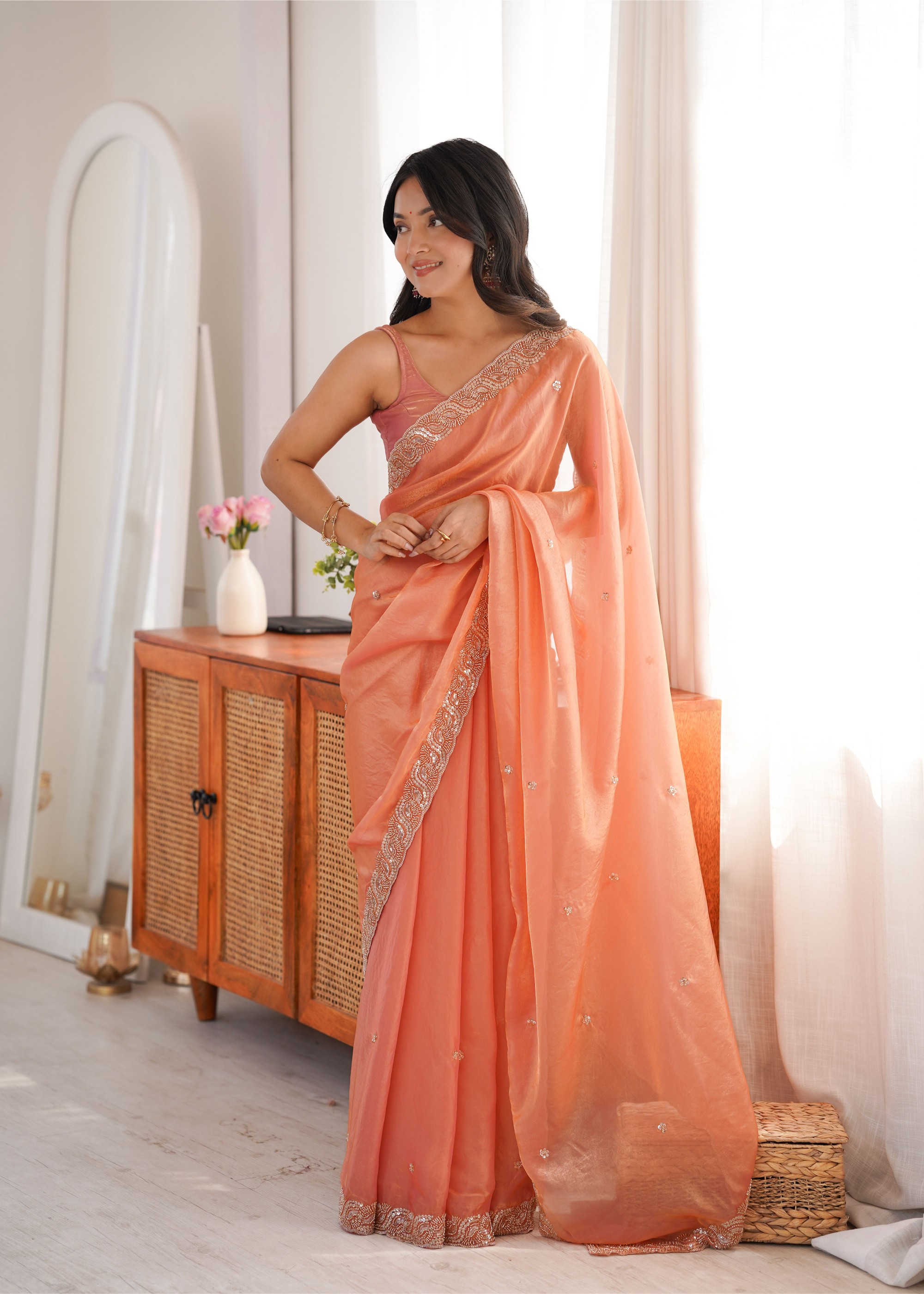 Orange Beads Pearl Fendy Satin Saree