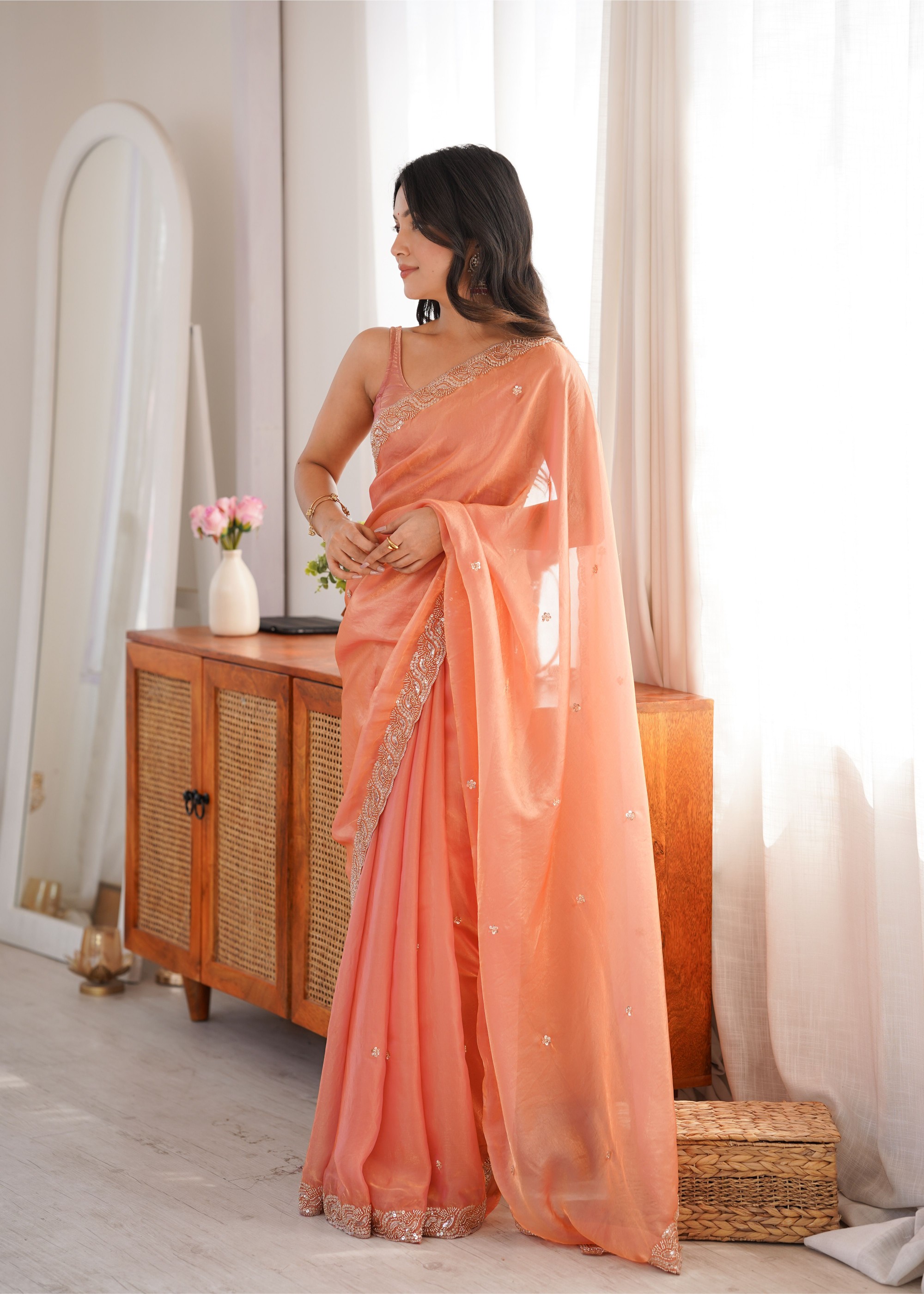 Orange Beads Pearl Fendy Satin Saree — alternate view