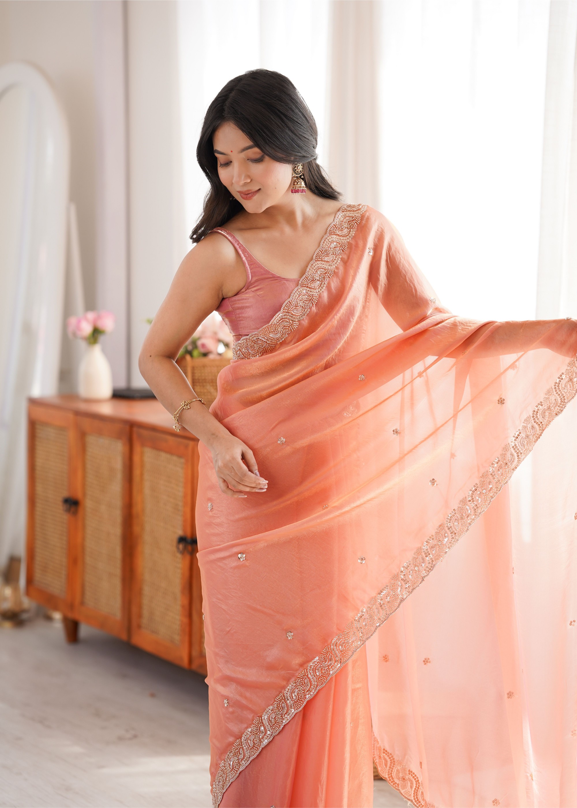 Orange Beads Pearl Fendy Satin Saree