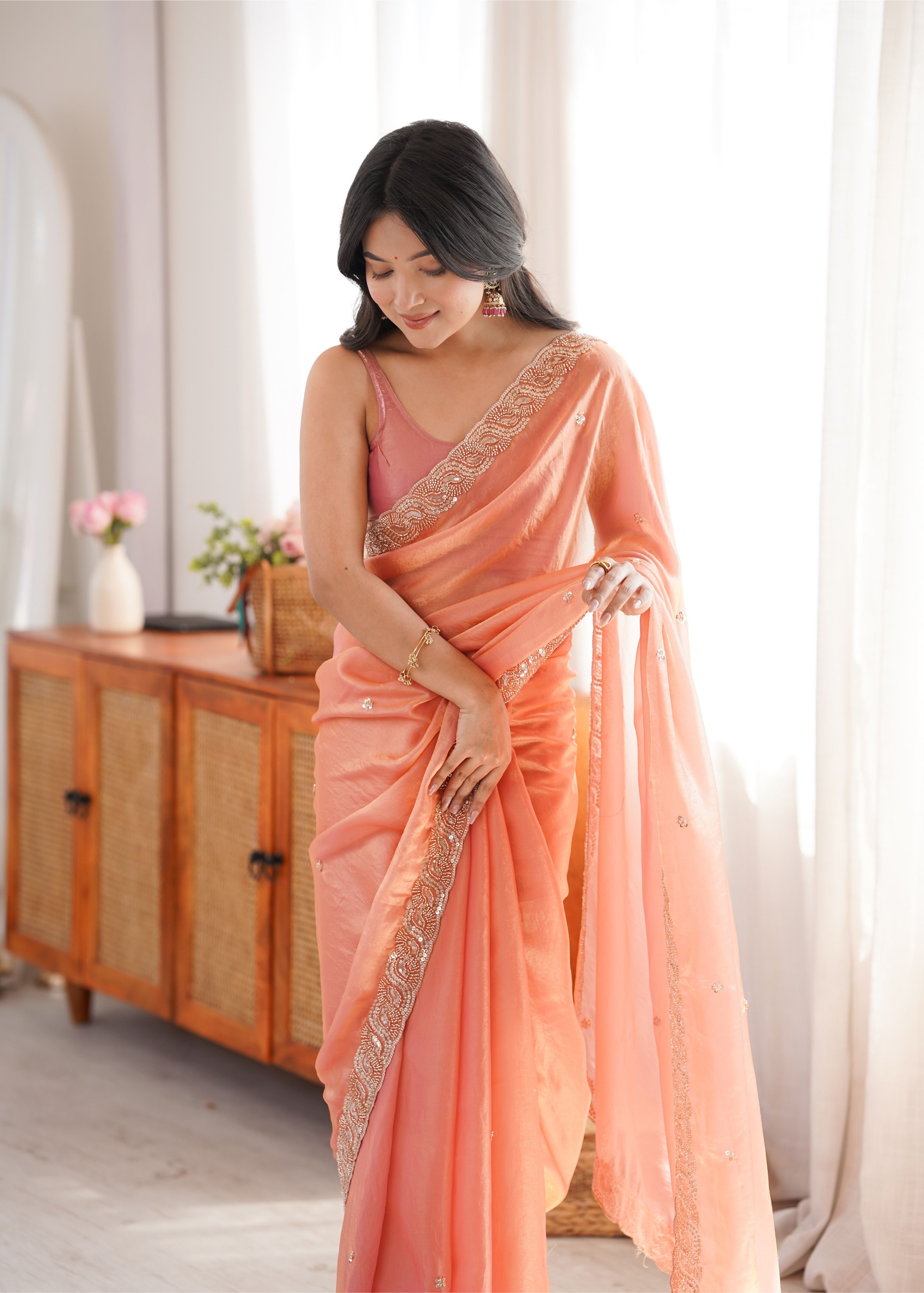 Orange Beads Pearl Fendy Satin Saree