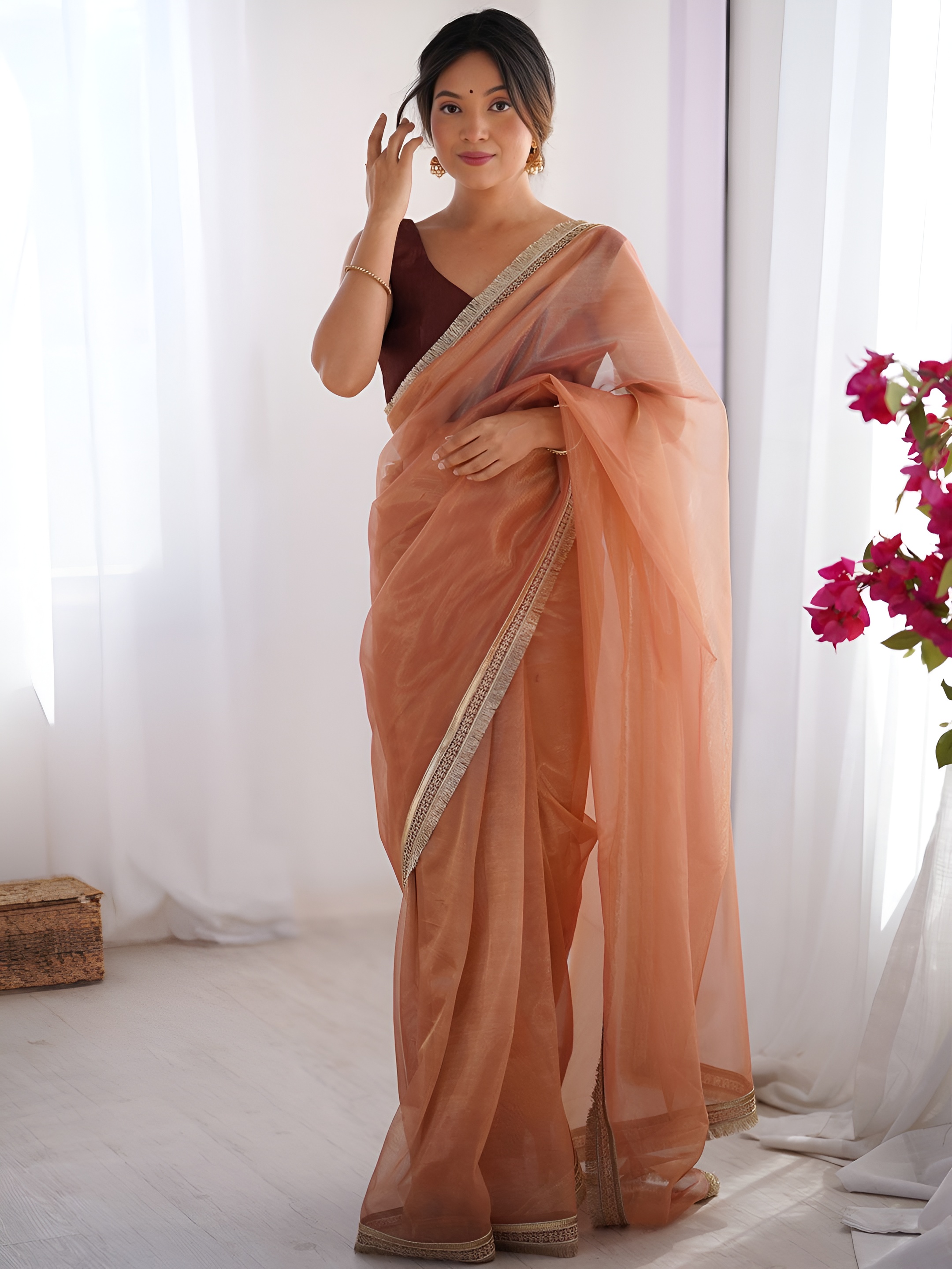 Orange Brown Cording Lace Border Gold Net Saree