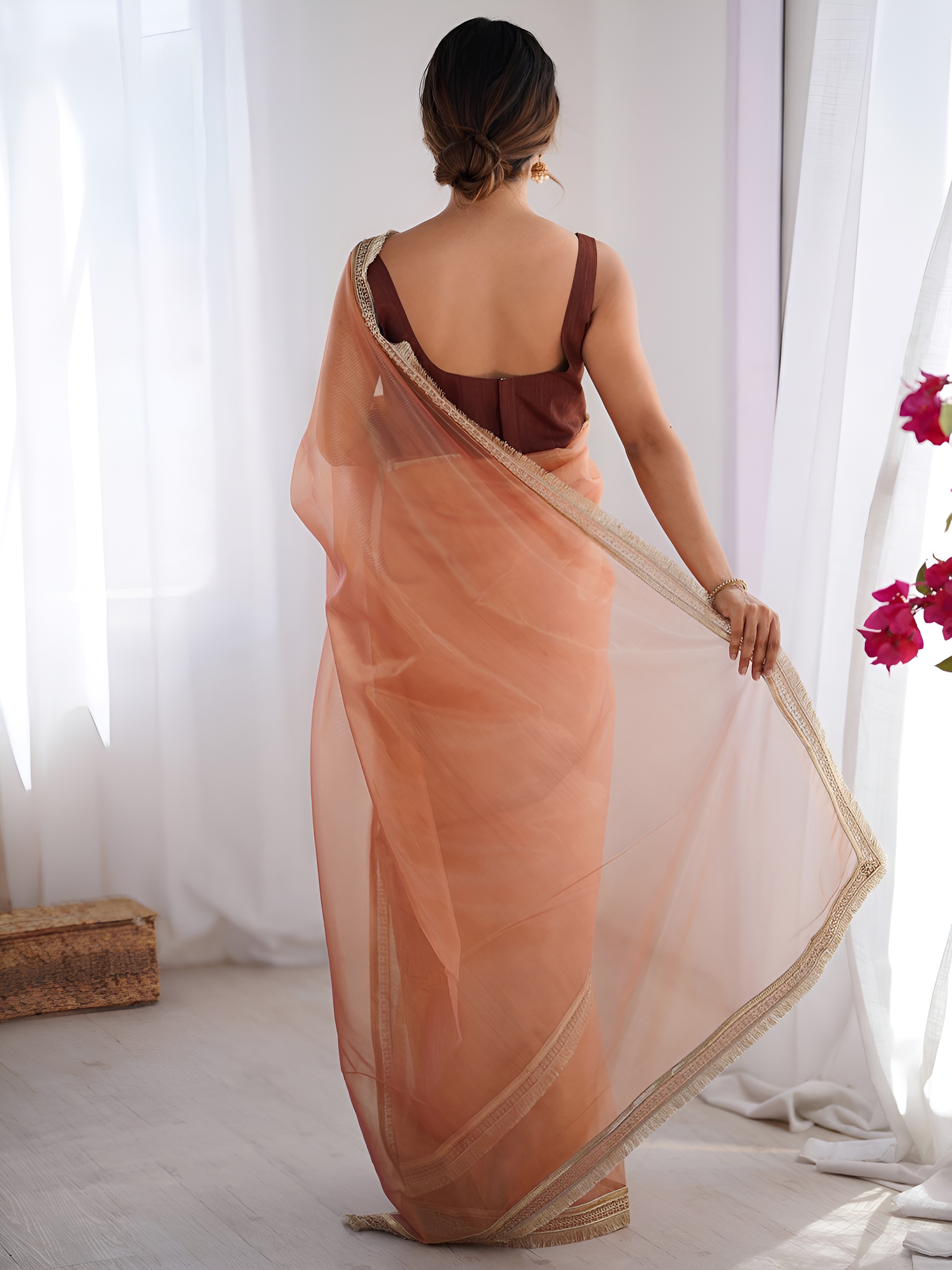 Orange Brown Cording Lace Border Gold Net Saree — alternate view