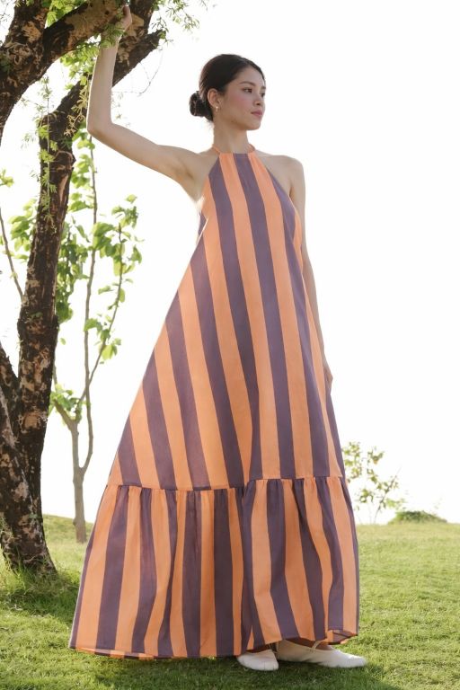 Orange Cambric Cotton Halter Maxi Gown