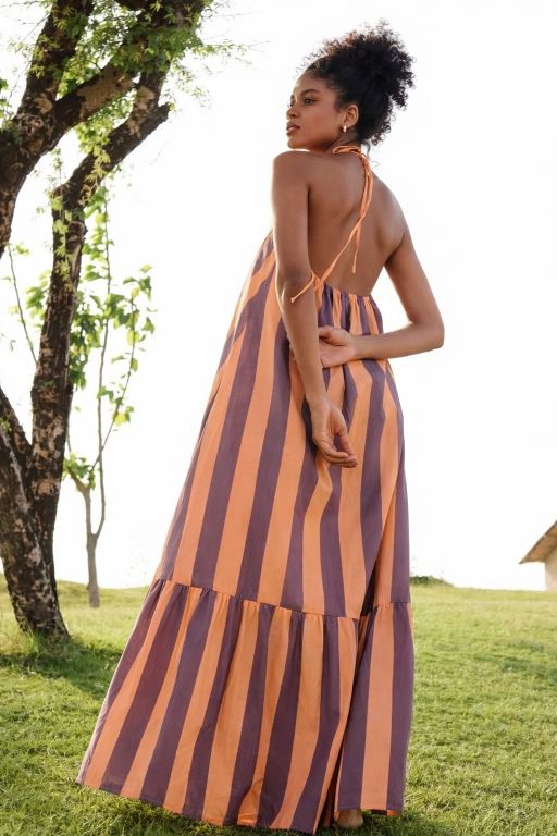 Orange Cambric Cotton Halter Maxi Gown