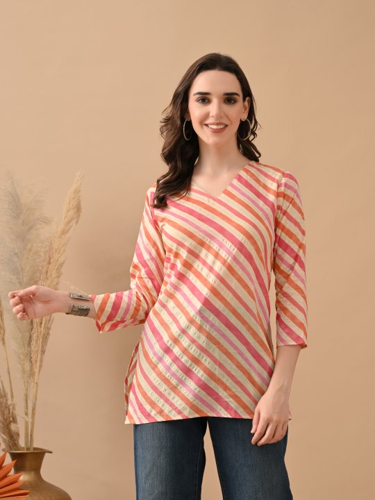 Orange Cambric Cotton Slanting Design Printed Kurti