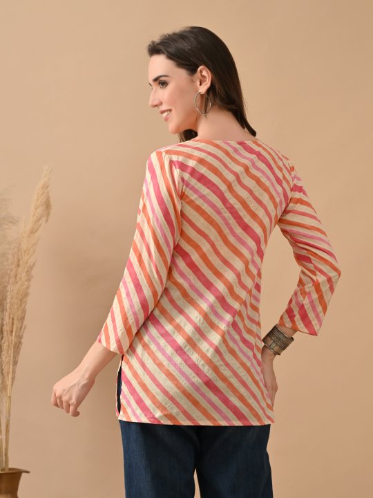 Orange Cambric Cotton Slanting Design Printed Kurti — alternate view