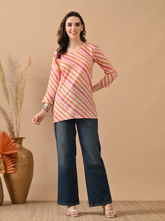 Orange Cambric Cotton Slanting Design Printed Kurti