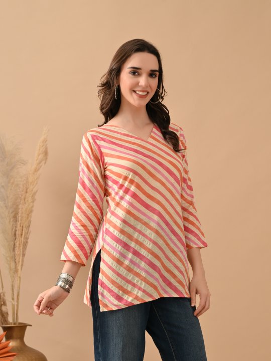 Orange Cambric Cotton Slanting Design Printed Kurti