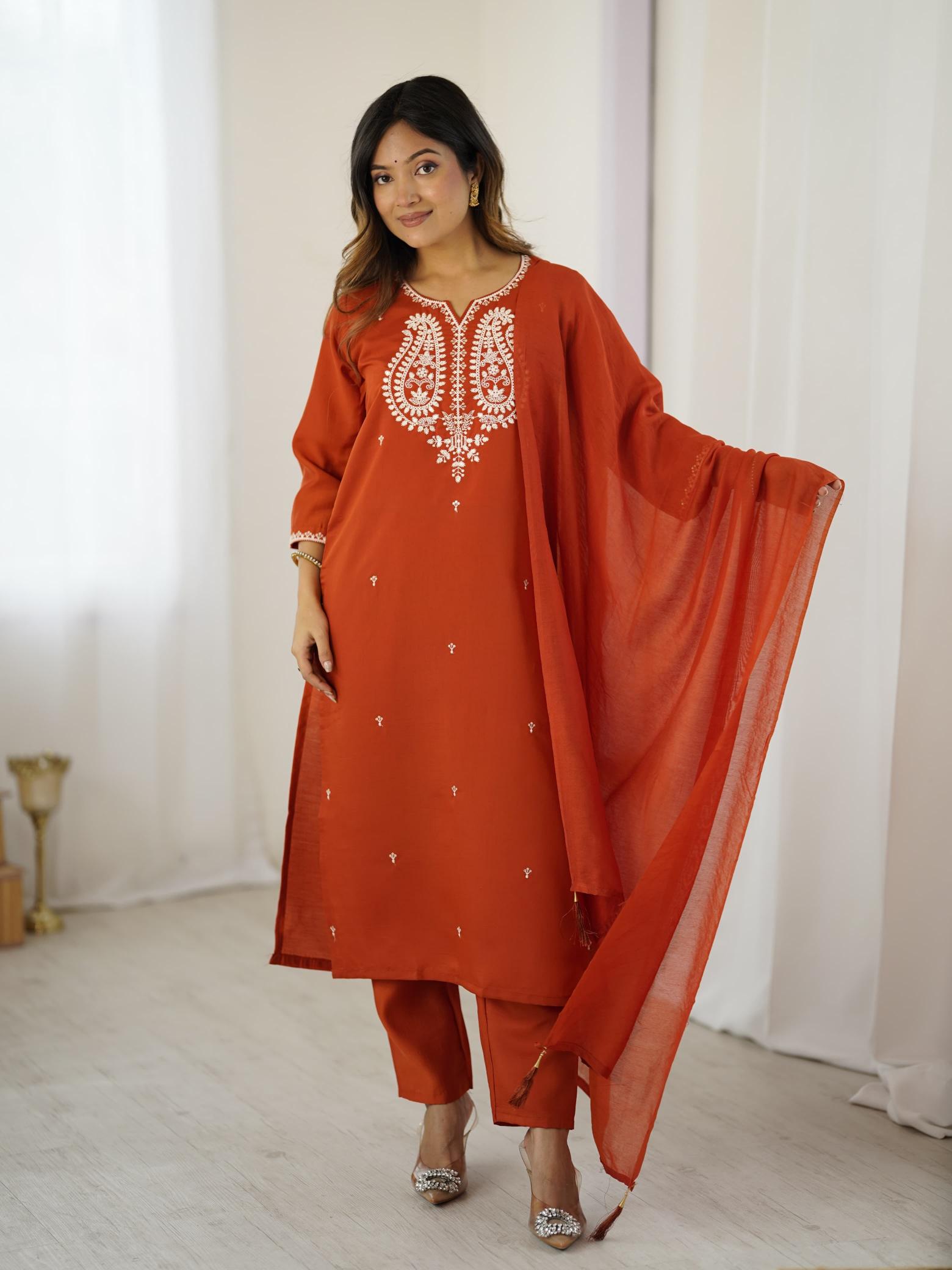 Orange Chanderi Stitched Suits