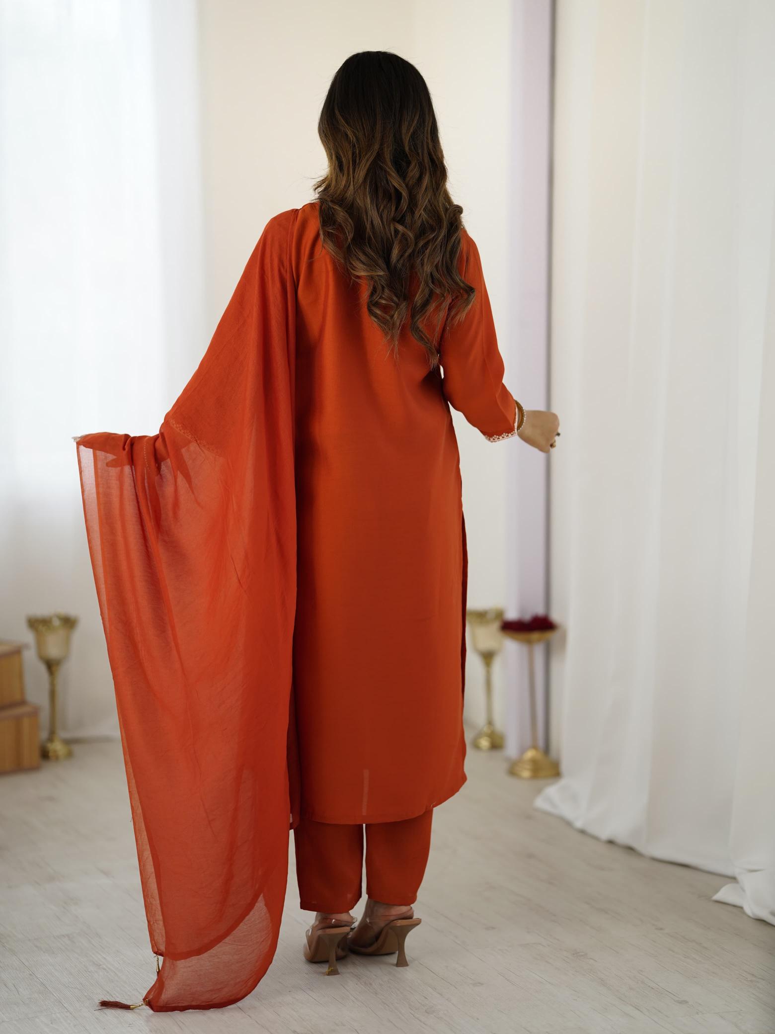 Orange Chanderi Stitched Suits — alternate view