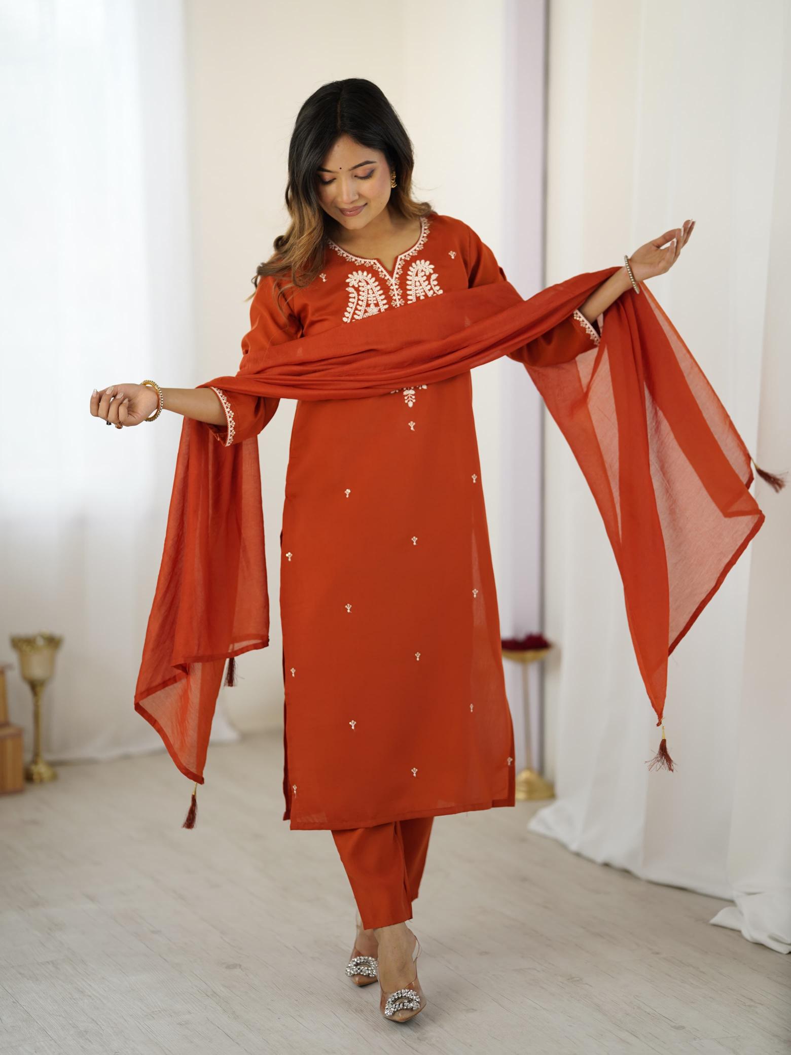 Orange Chanderi Stitched Suits