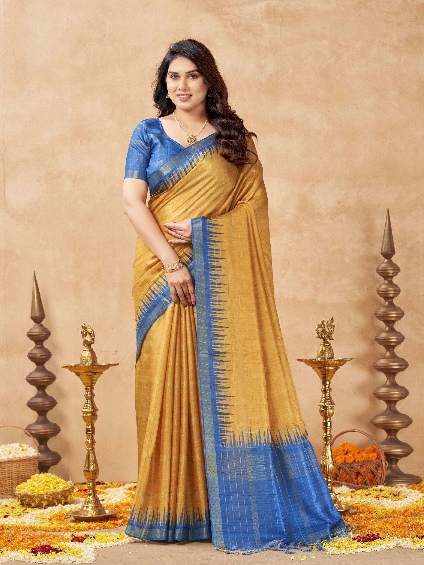 Orange Checked Weaving Zari Tussar Silk Saree