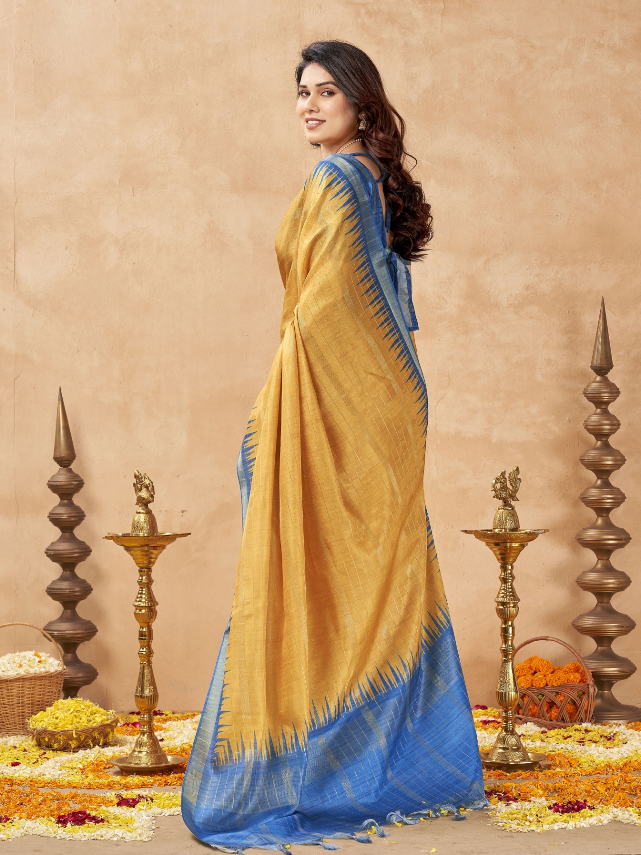 Orange Checked Weaving Zari Tussar Silk Saree — alternate view