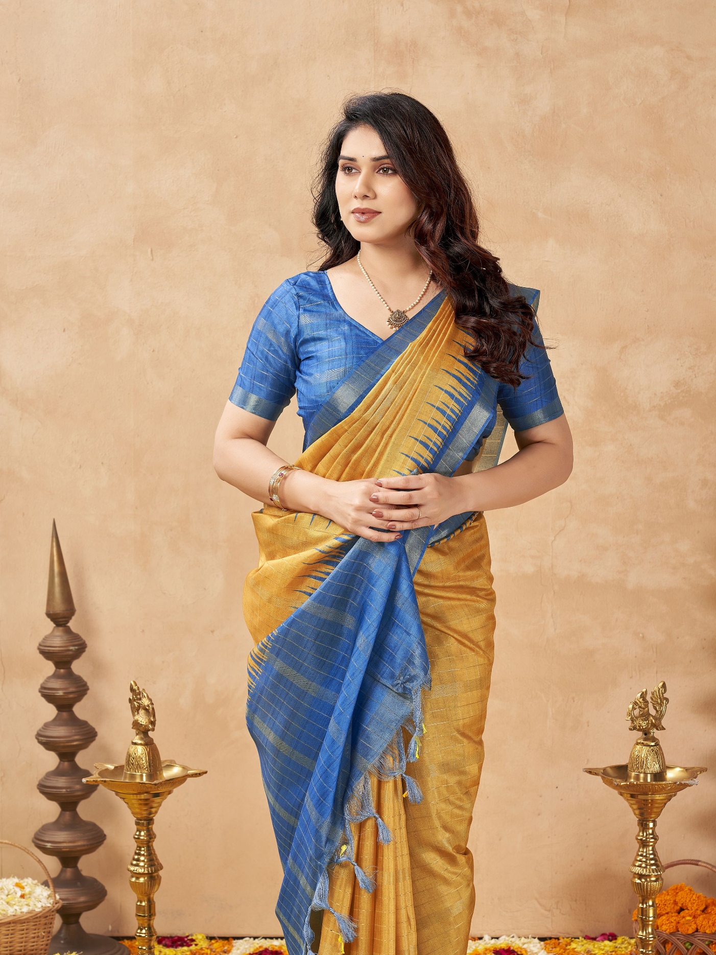 Orange Checked Weaving Zari Tussar Silk Saree