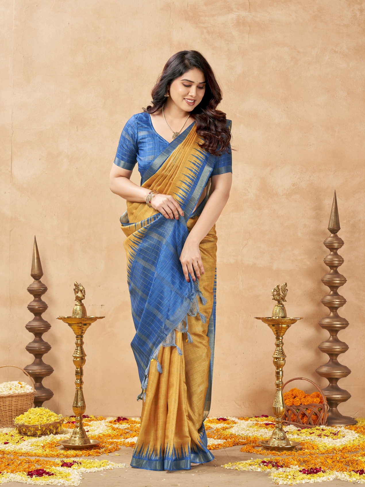 Orange Checked Weaving Zari Tussar Silk Saree