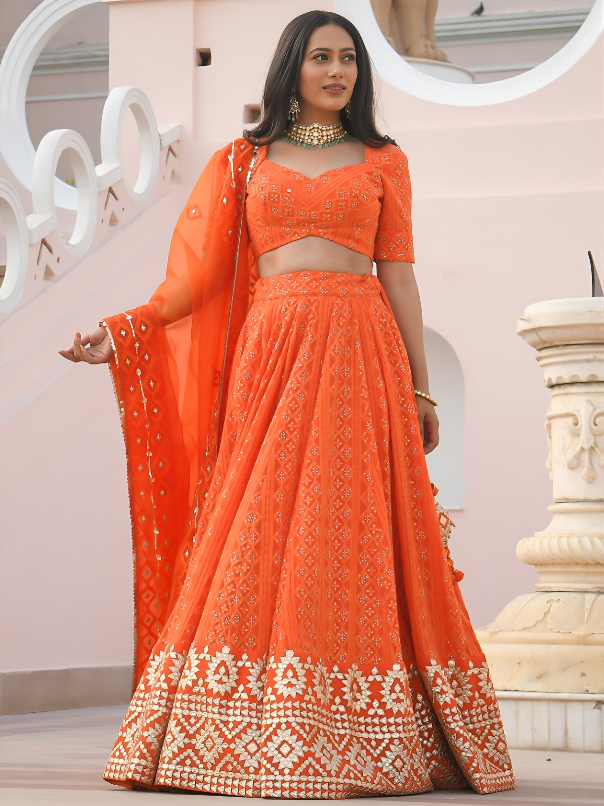 Orange Chevron Embroidery Georgette Lehenga Choli