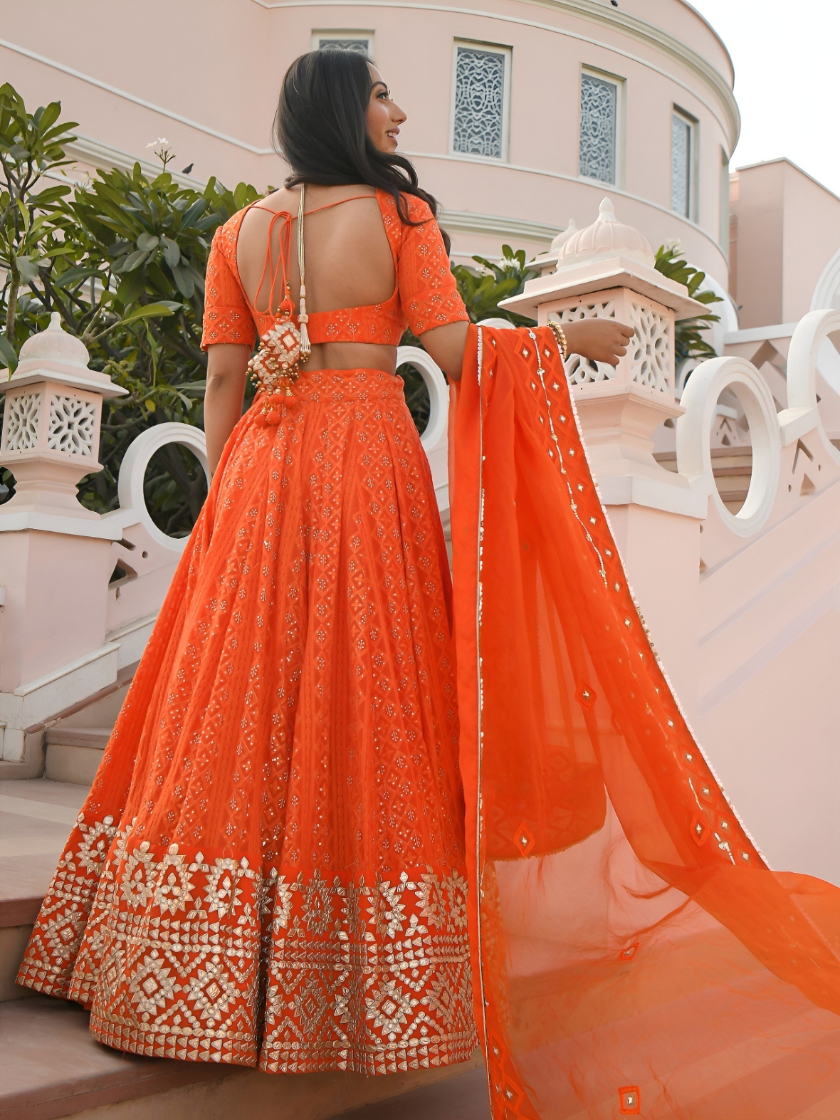 Orange Chevron Embroidery Georgette Lehenga Choli — alternate view