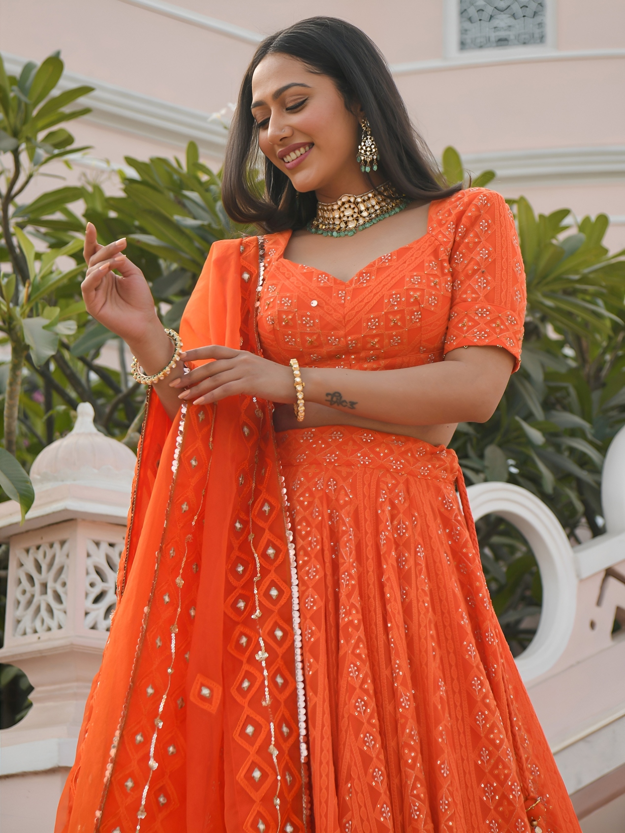 Orange Chevron Embroidery Georgette Lehenga Choli