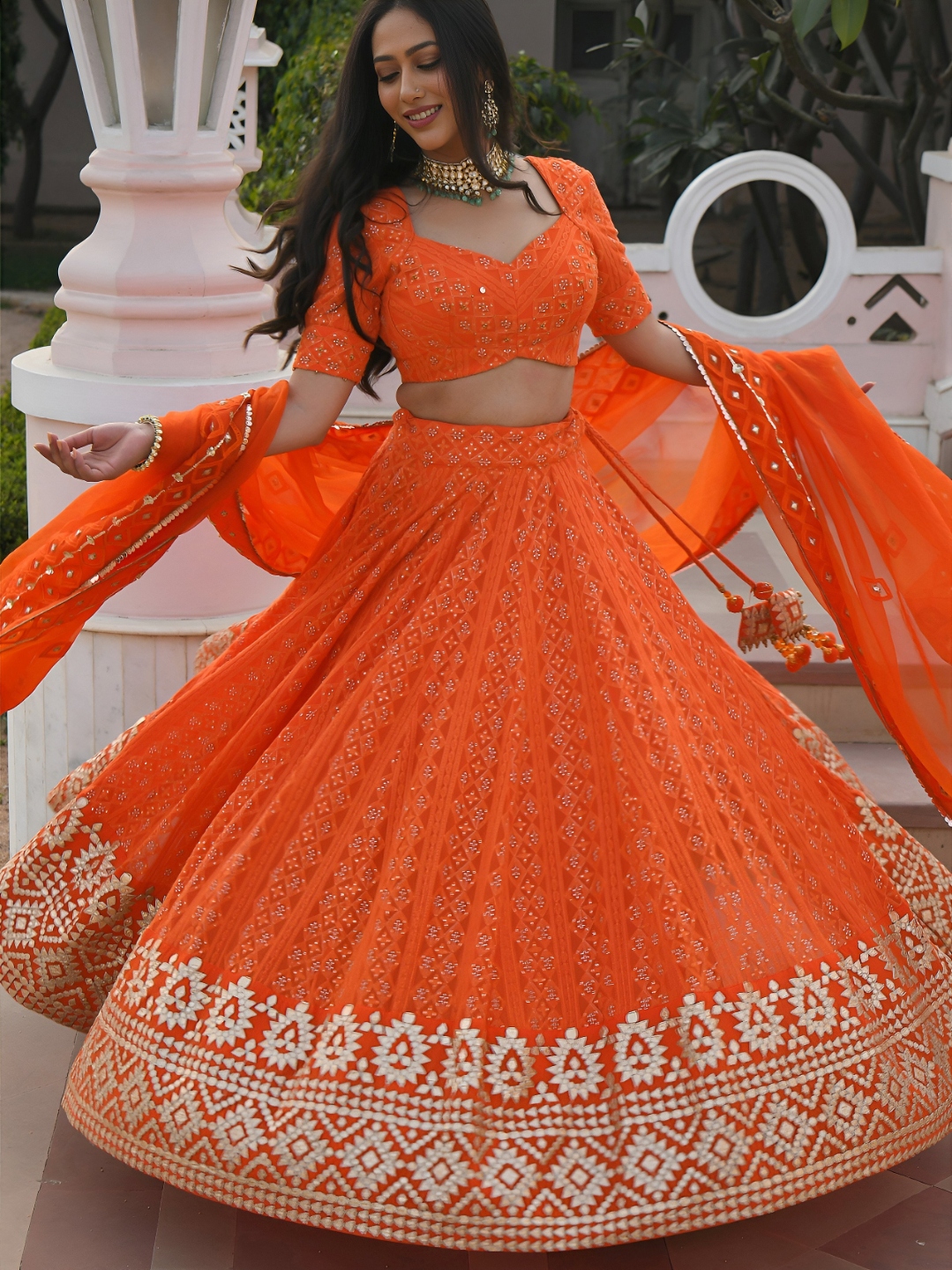 Orange Chevron Embroidery Georgette Lehenga Choli