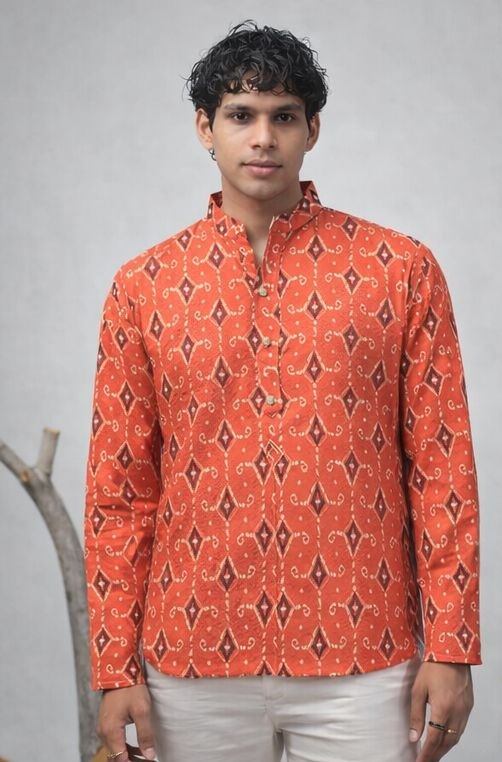 Orange Chevron Printed Linen Kurta