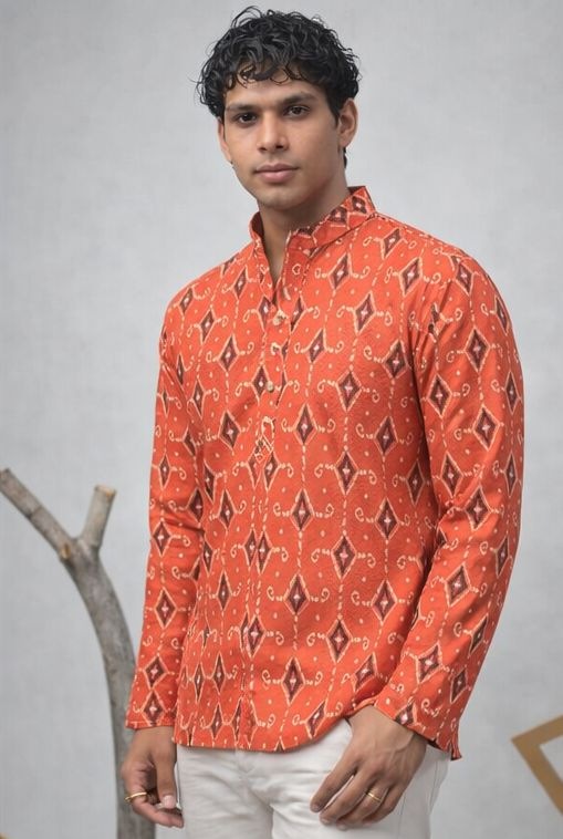 Orange Chevron Printed Linen Kurta