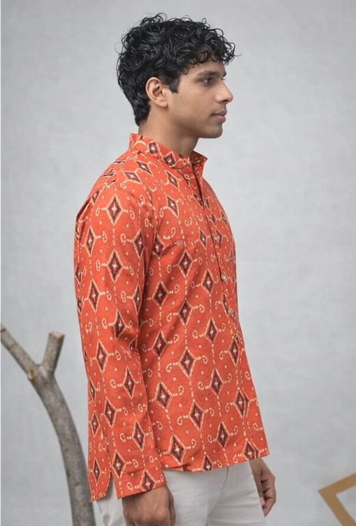Orange Chevron Printed Linen Kurta