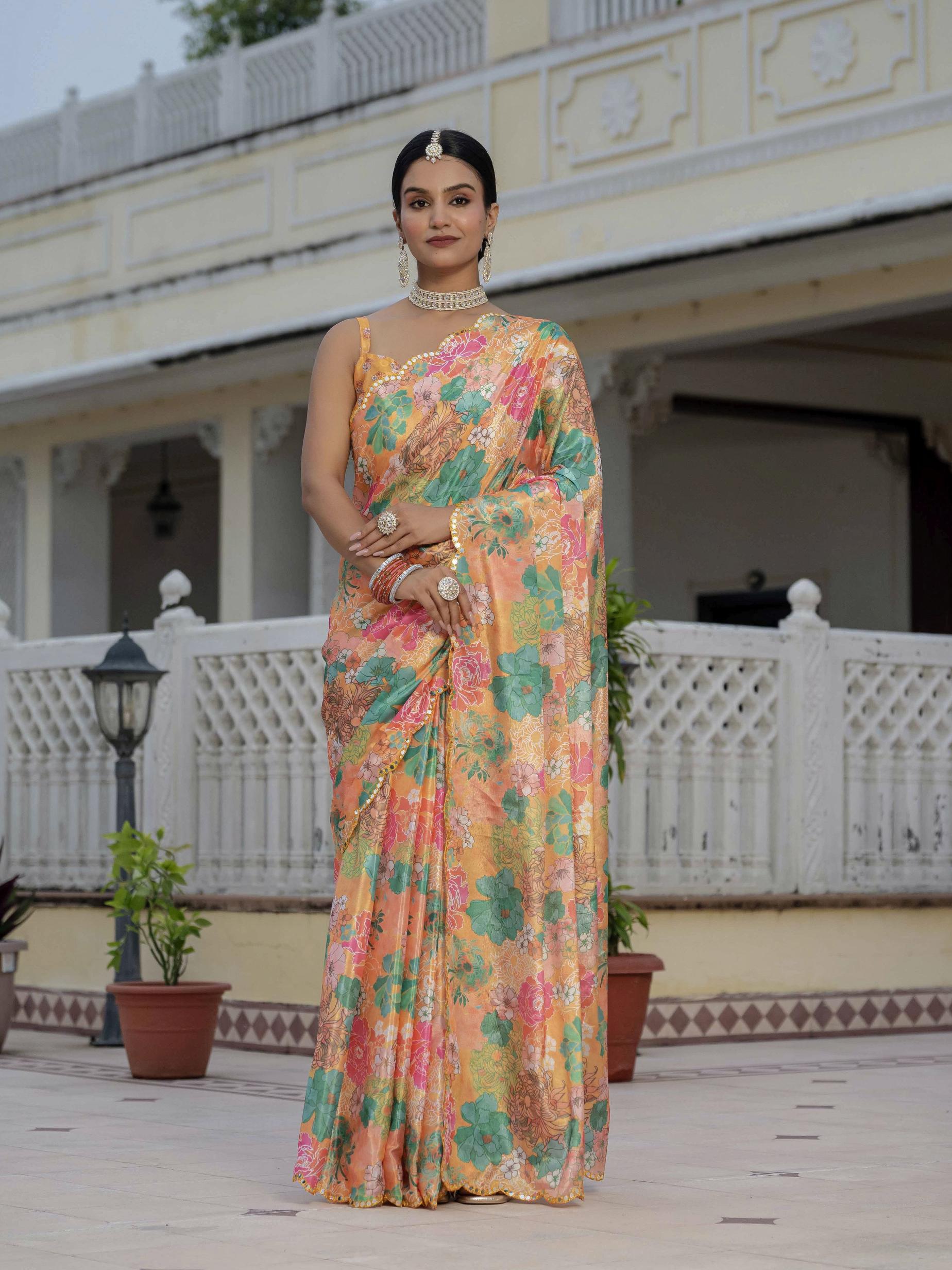 Orange Chinnon Ready To Wear Saree