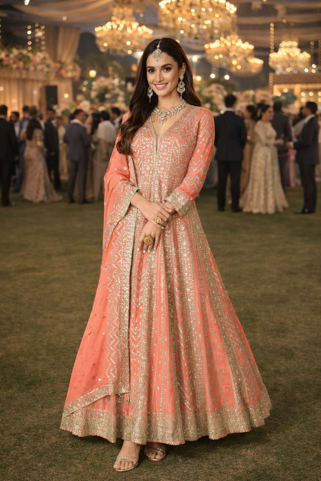 Orange Chinon Embroidered Anarkali Gown