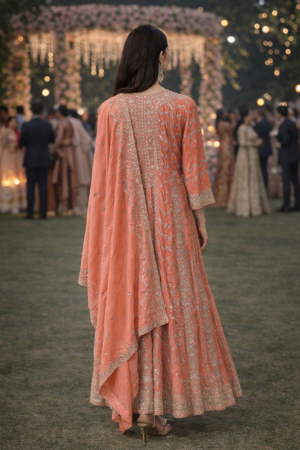 Orange Chinon Embroidered Anarkali Gown