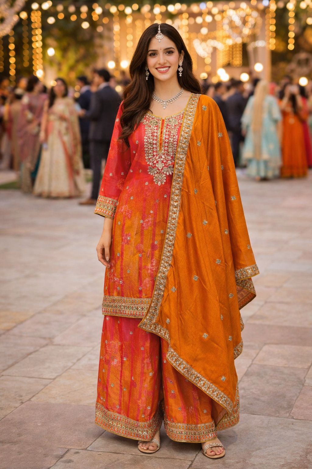 Orange Chinon Mirror Embroidered Festive Palazzo Suit