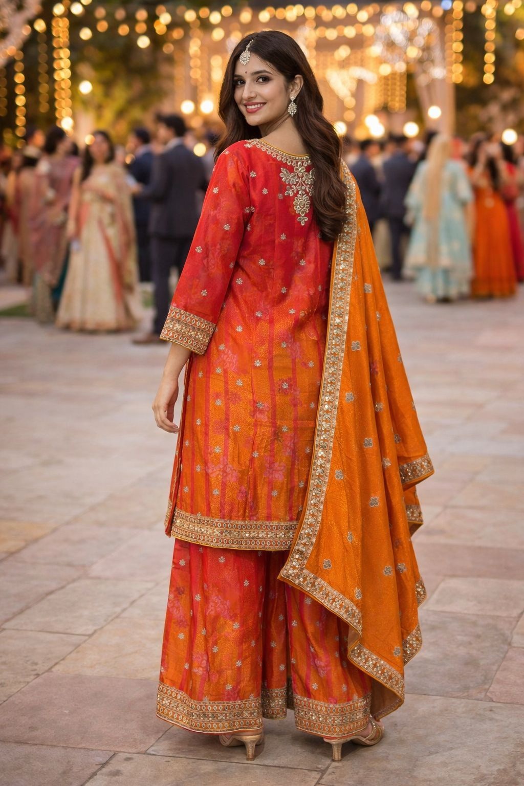 Orange Chinon Mirror Embroidered Festive Palazzo Suit