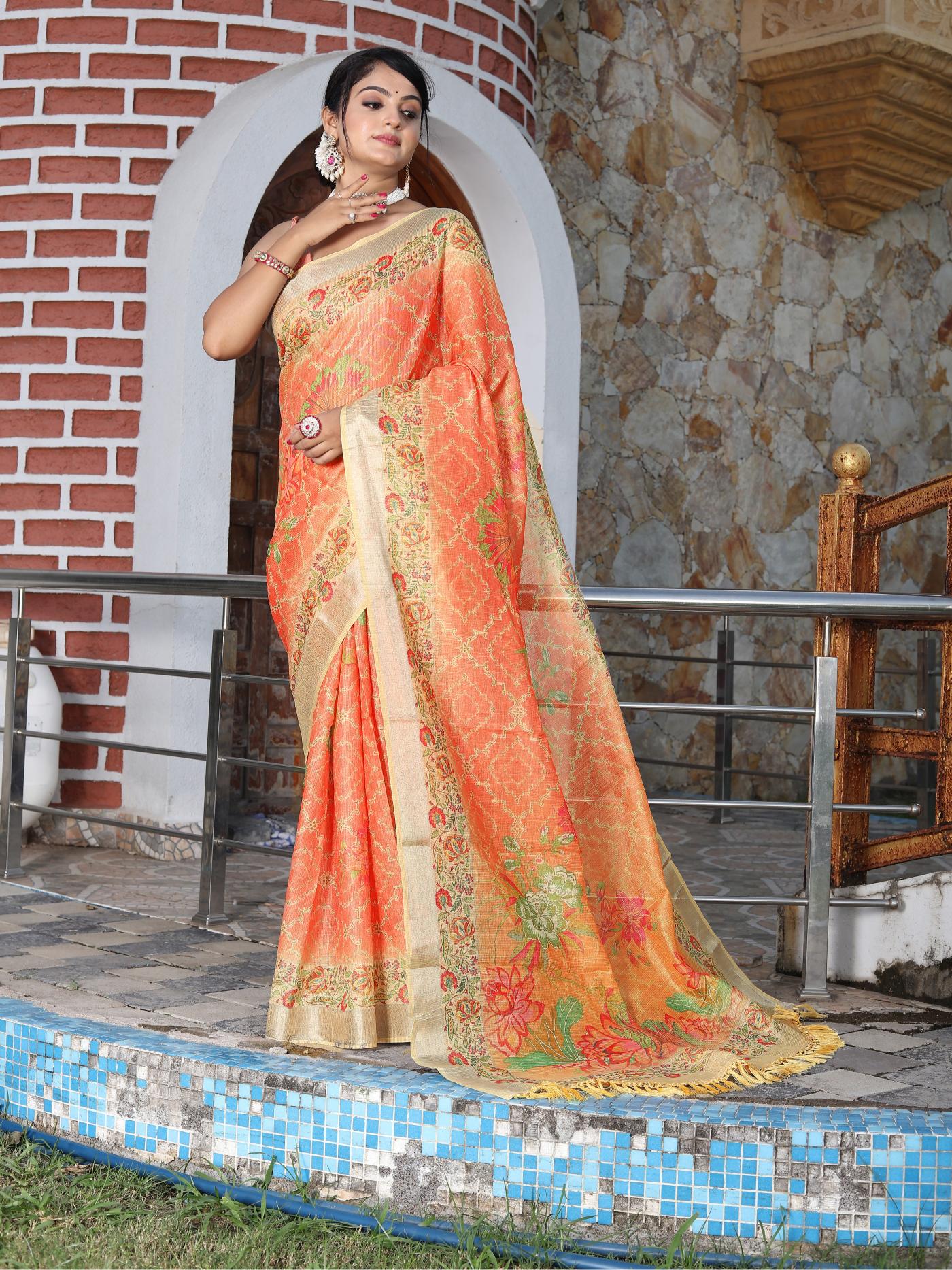 Orange Cotton Shimmer Saree