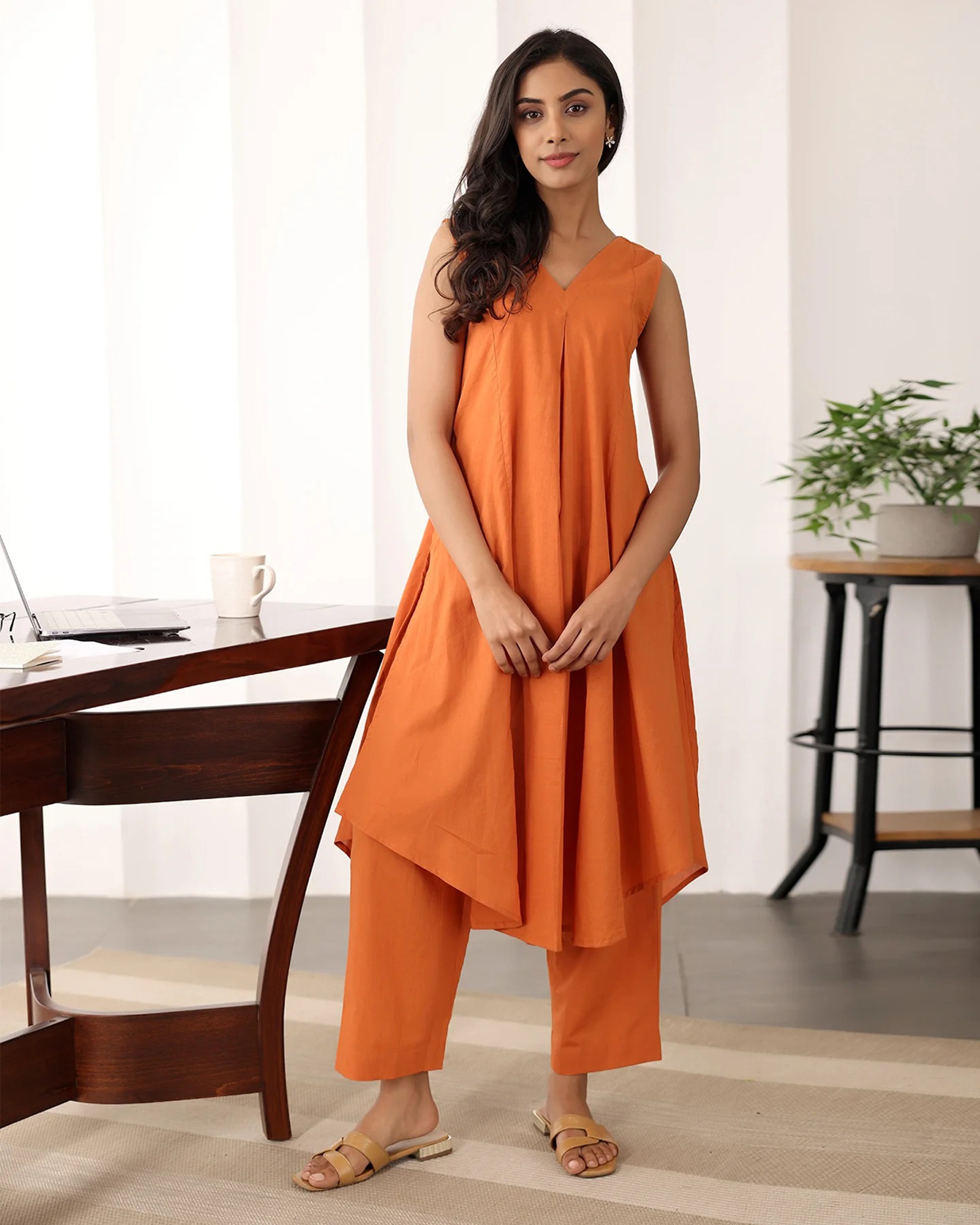 Orange Cotton Solid Designer Casual Wear Tunic Set