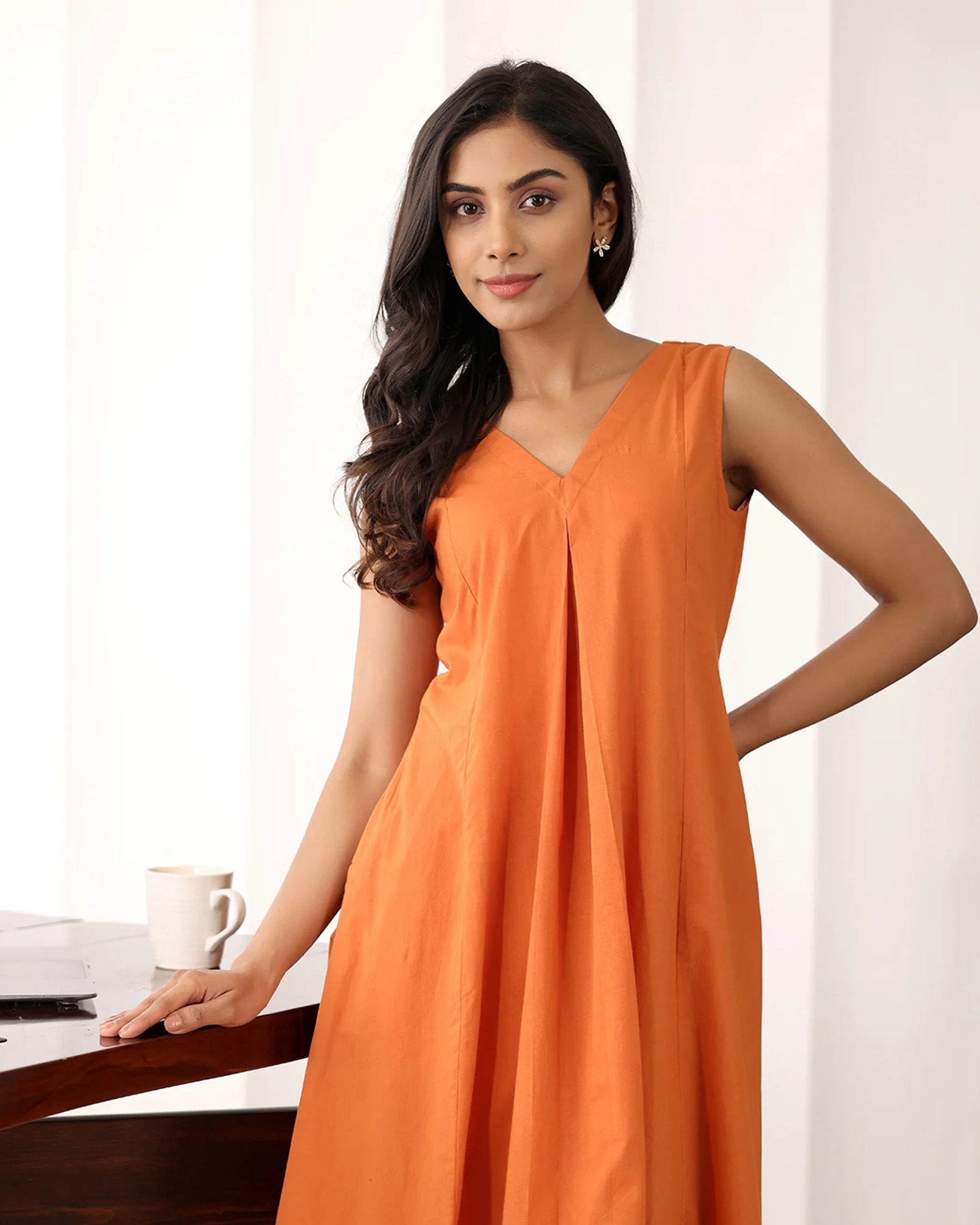 Orange Cotton Solid Designer Casual Wear Tunic Set