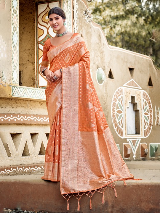 Orange Designer Assam Silk Saree