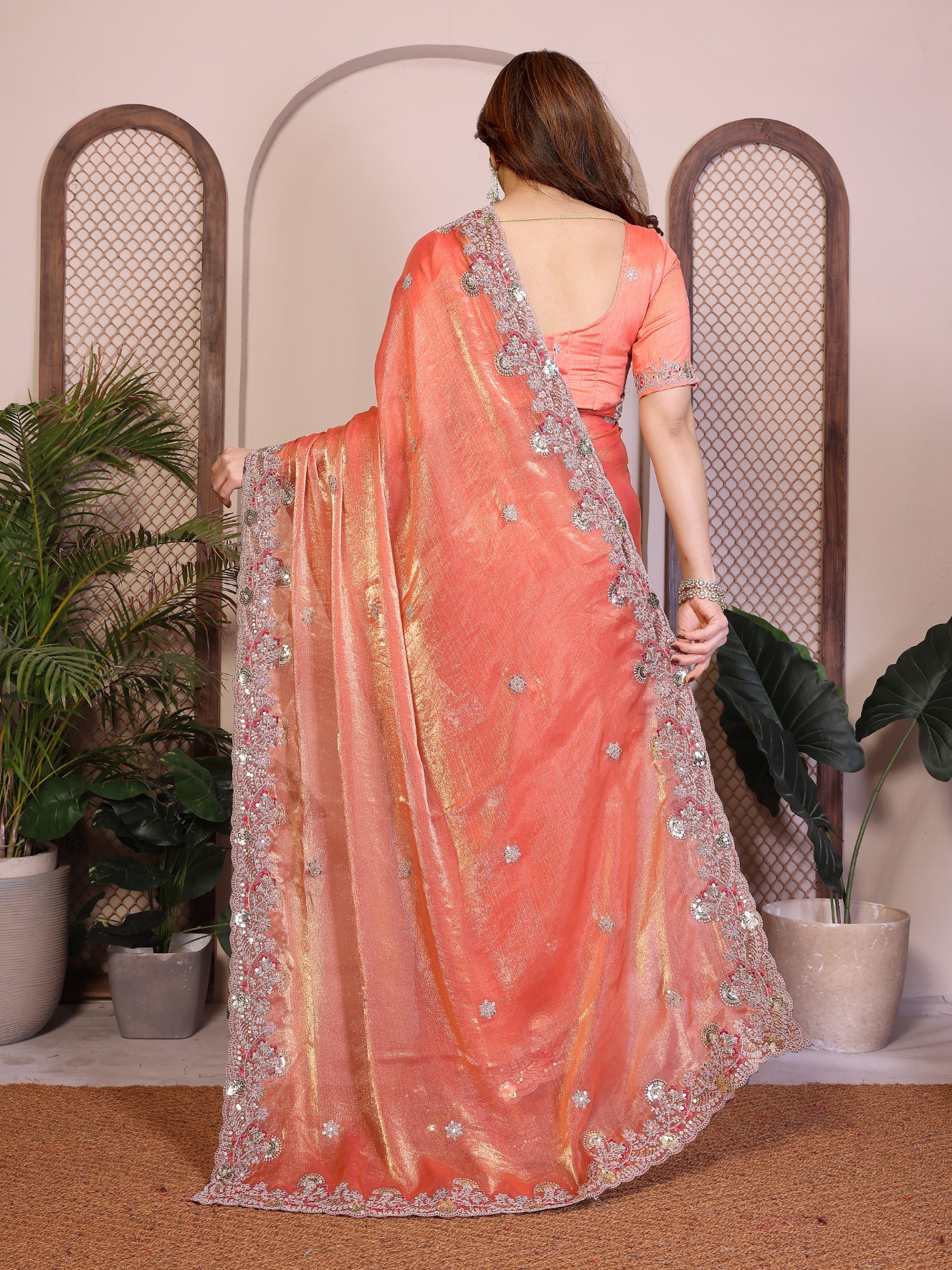 Orange Designer Embroidered Fendy Chiffon Saree — alternate view
