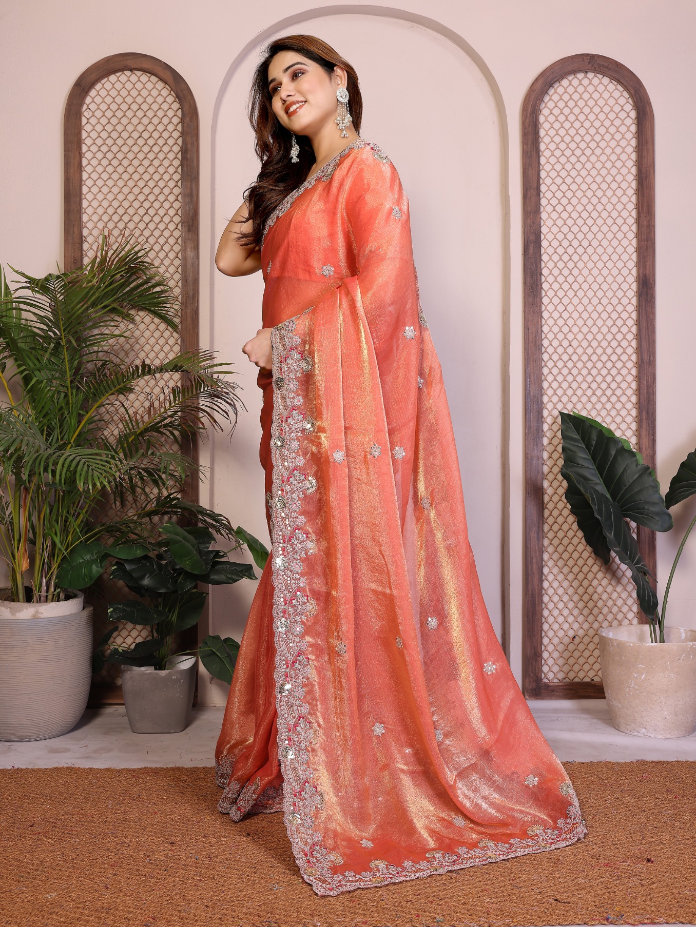 Orange Designer Embroidered Fendy Chiffon Saree