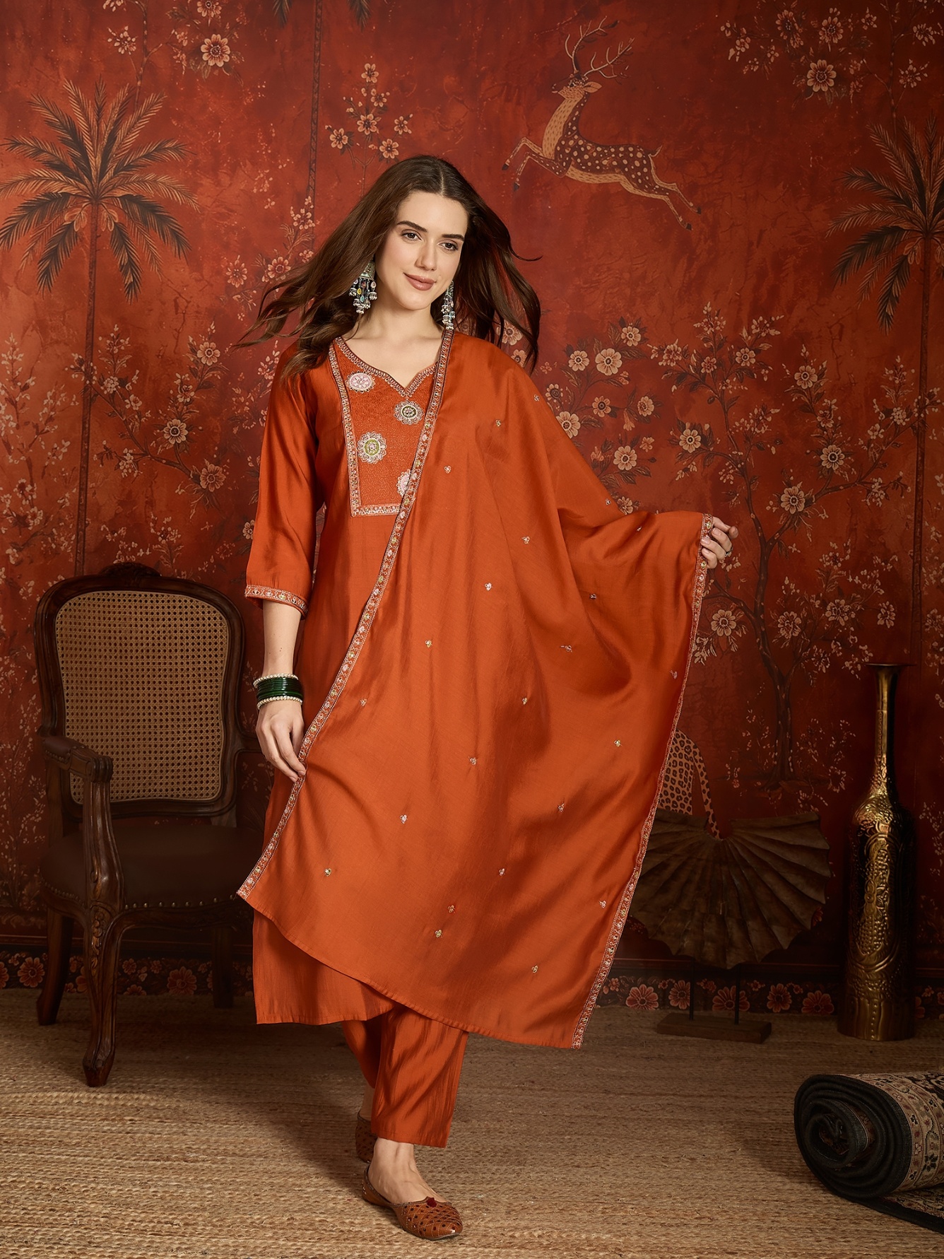 Orange Designer Embroidery Roman Silk Kurta Set