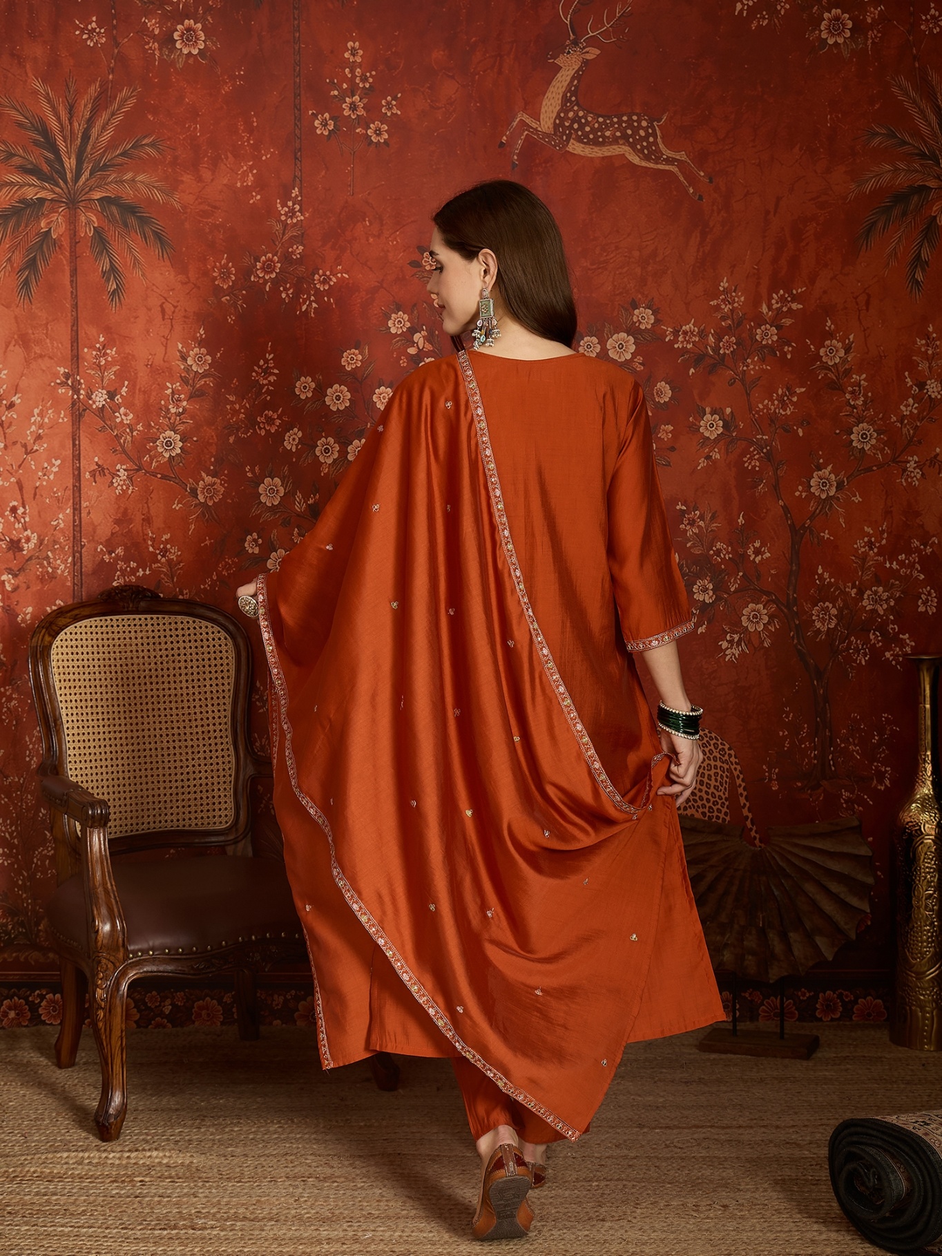 Orange Designer Embroidery Roman Silk Kurta Set — alternate view