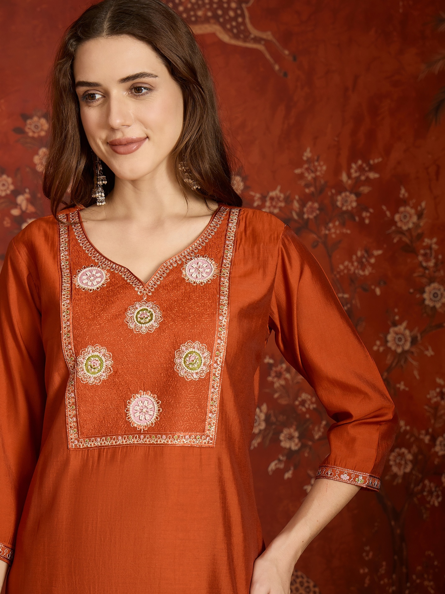 Orange Designer Embroidery Roman Silk Kurta Set