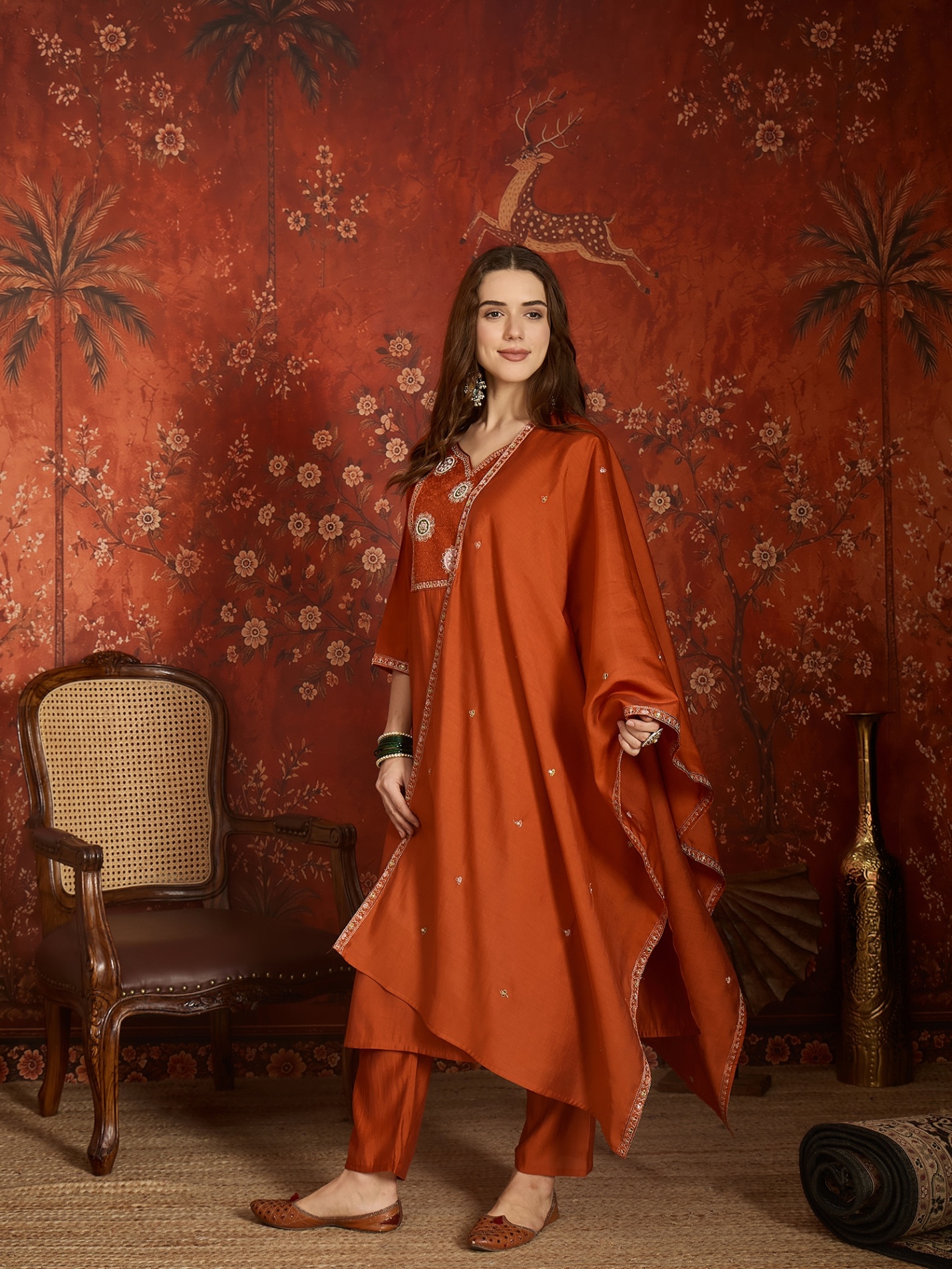 Orange Designer Embroidery Roman Silk Kurta Set