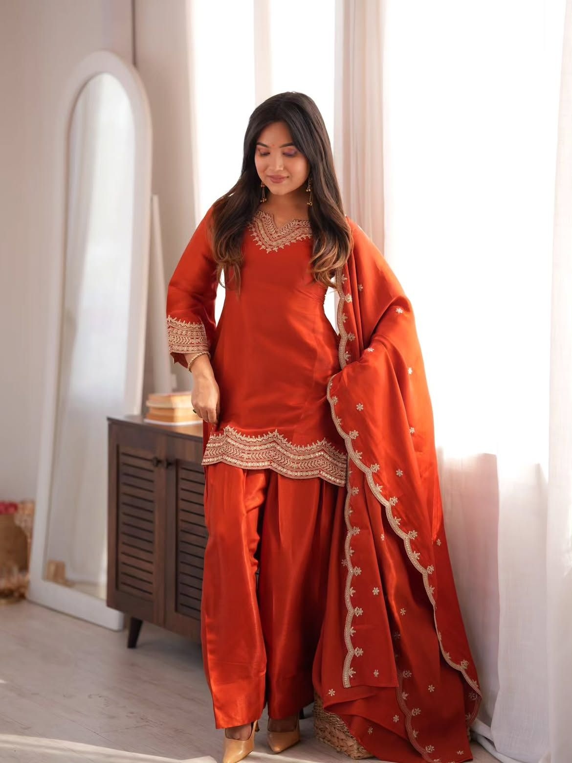 Orange Designer Embroidery Work Fendy Palazzo Suit