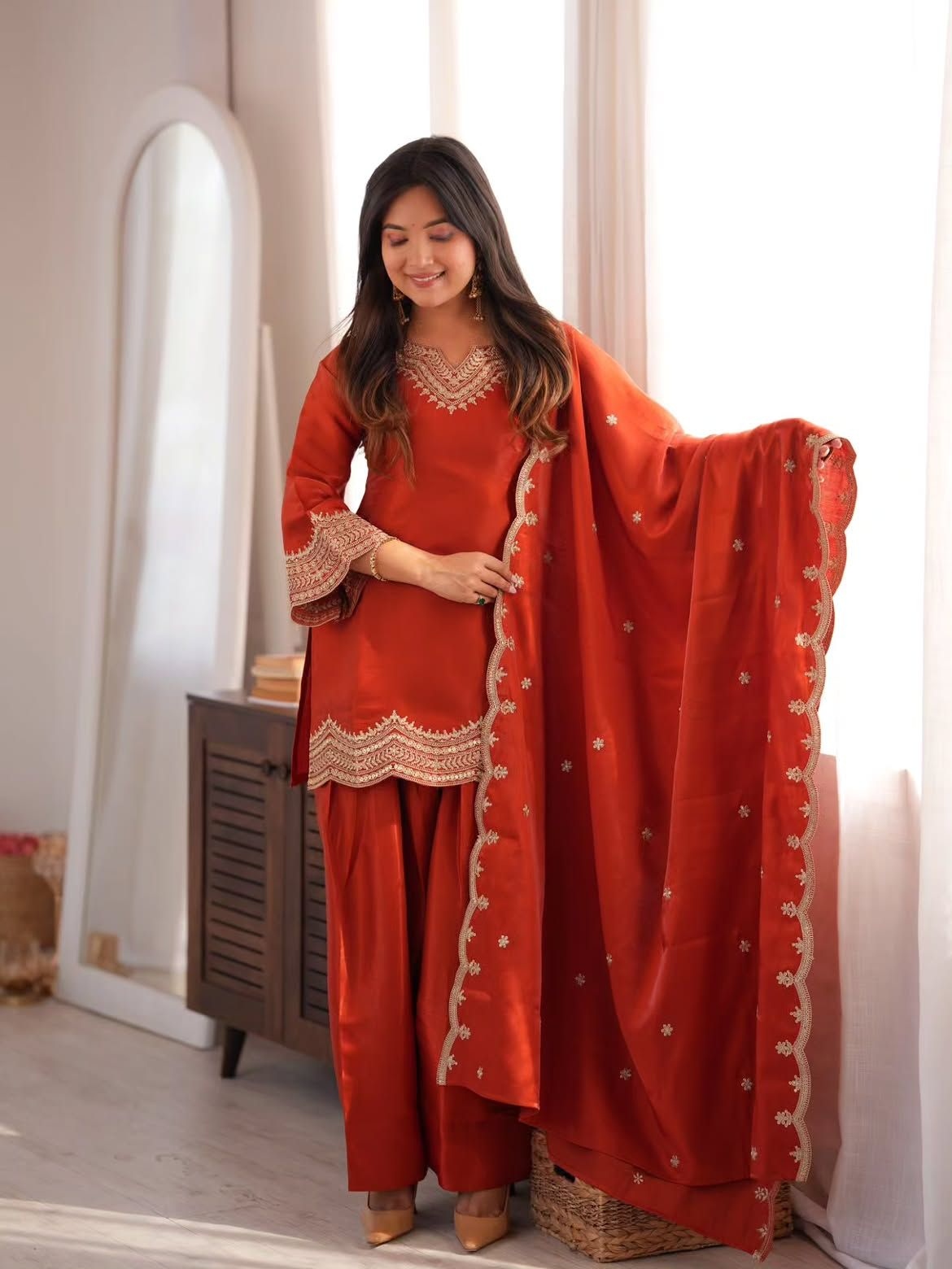 Orange Designer Embroidery Work Fendy Palazzo Suit — alternate view