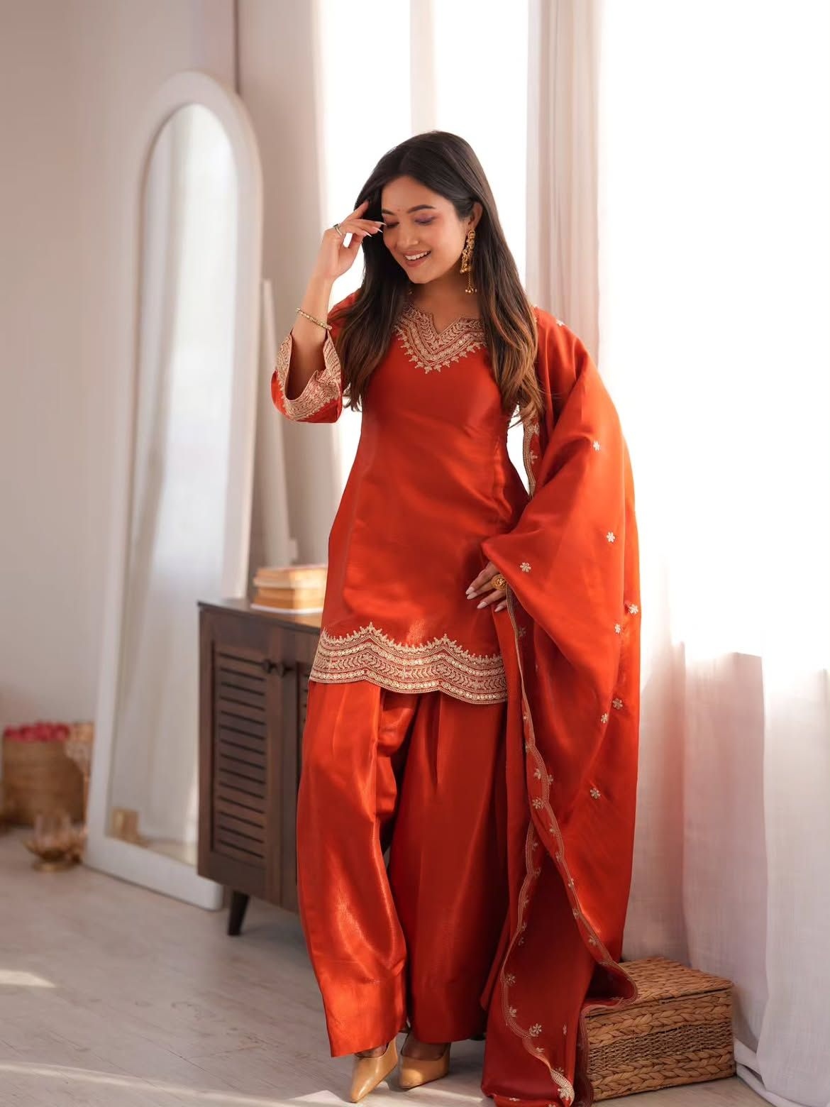 Orange Designer Embroidery Work Fendy Palazzo Suit