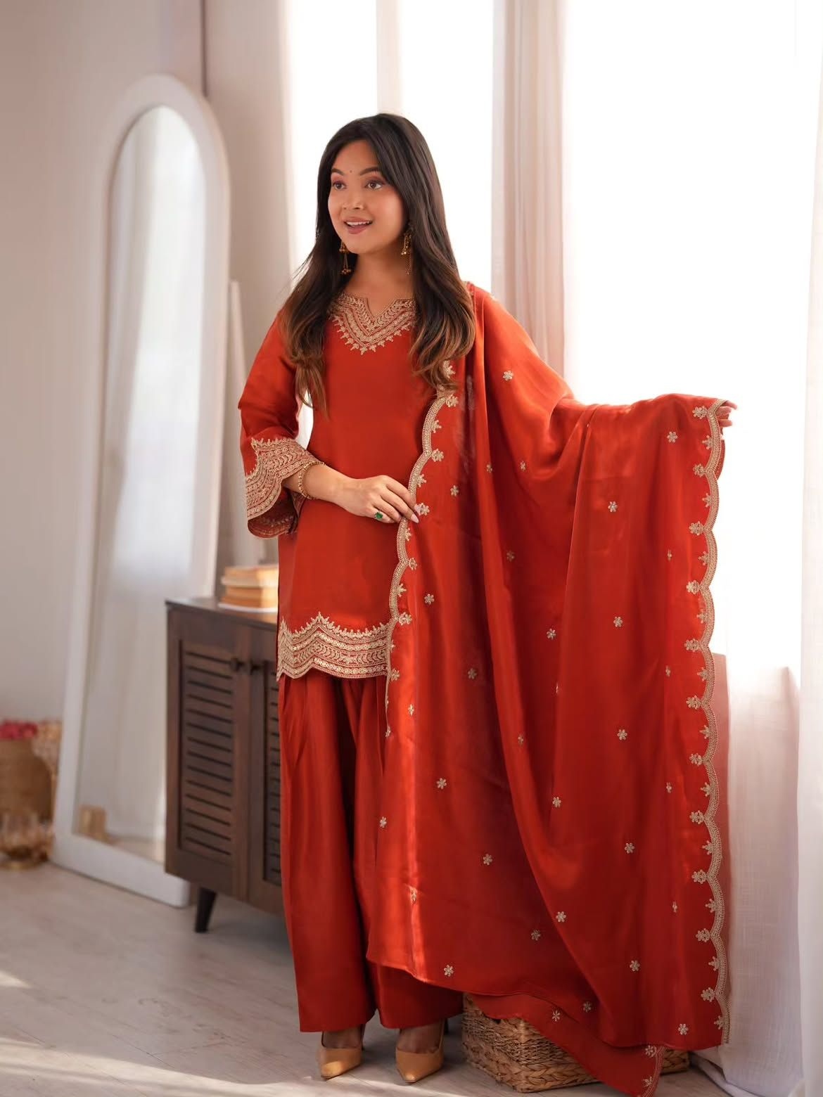 Orange Designer Embroidery Work Fendy Palazzo Suit