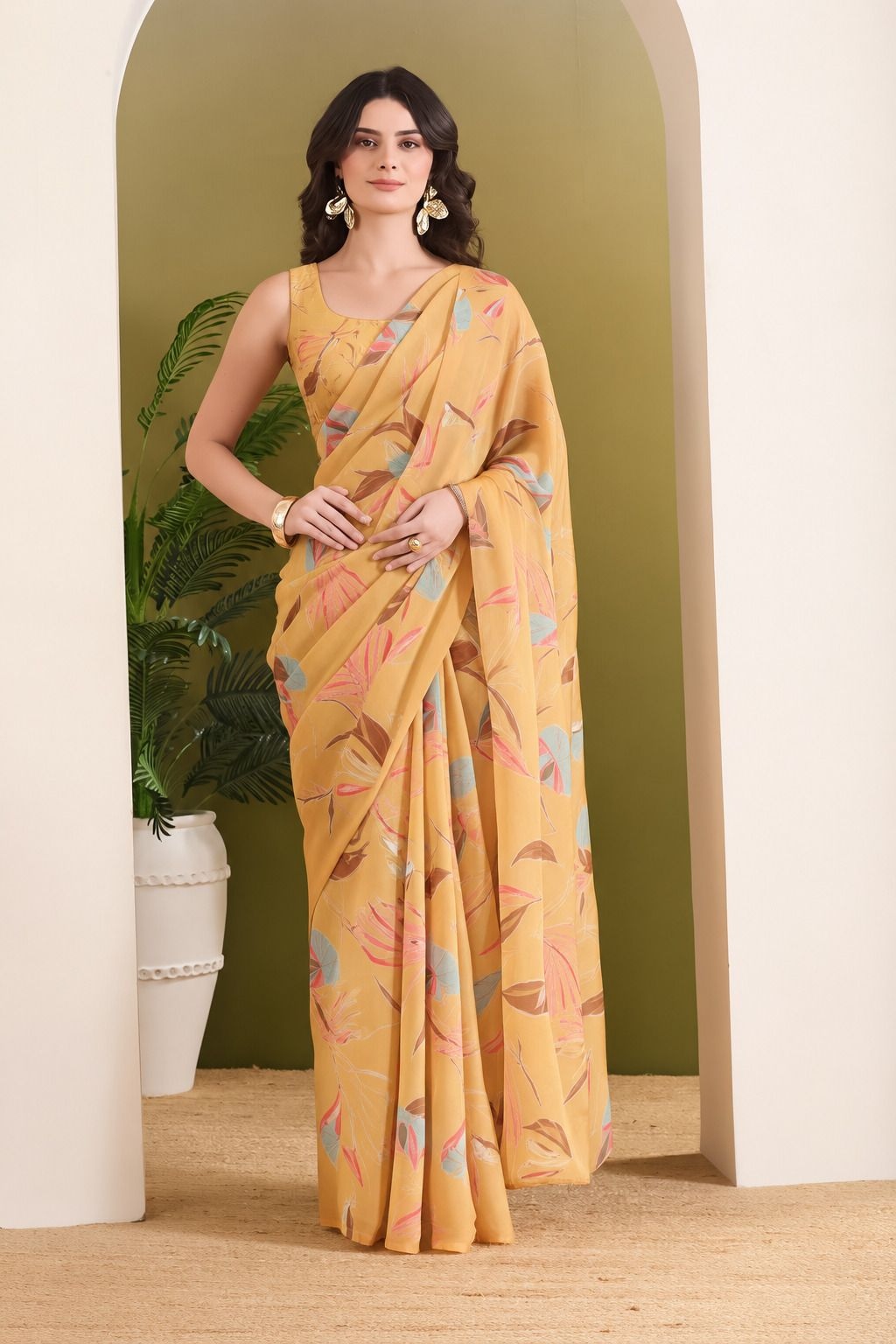 Orange Designer Printed Georgette Ready To Wear Saree